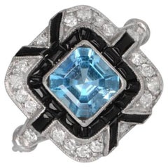 Bague de fiançailles aigue-marine taille Asscher 1,08 carat, diamant et halo d'onyx, platine