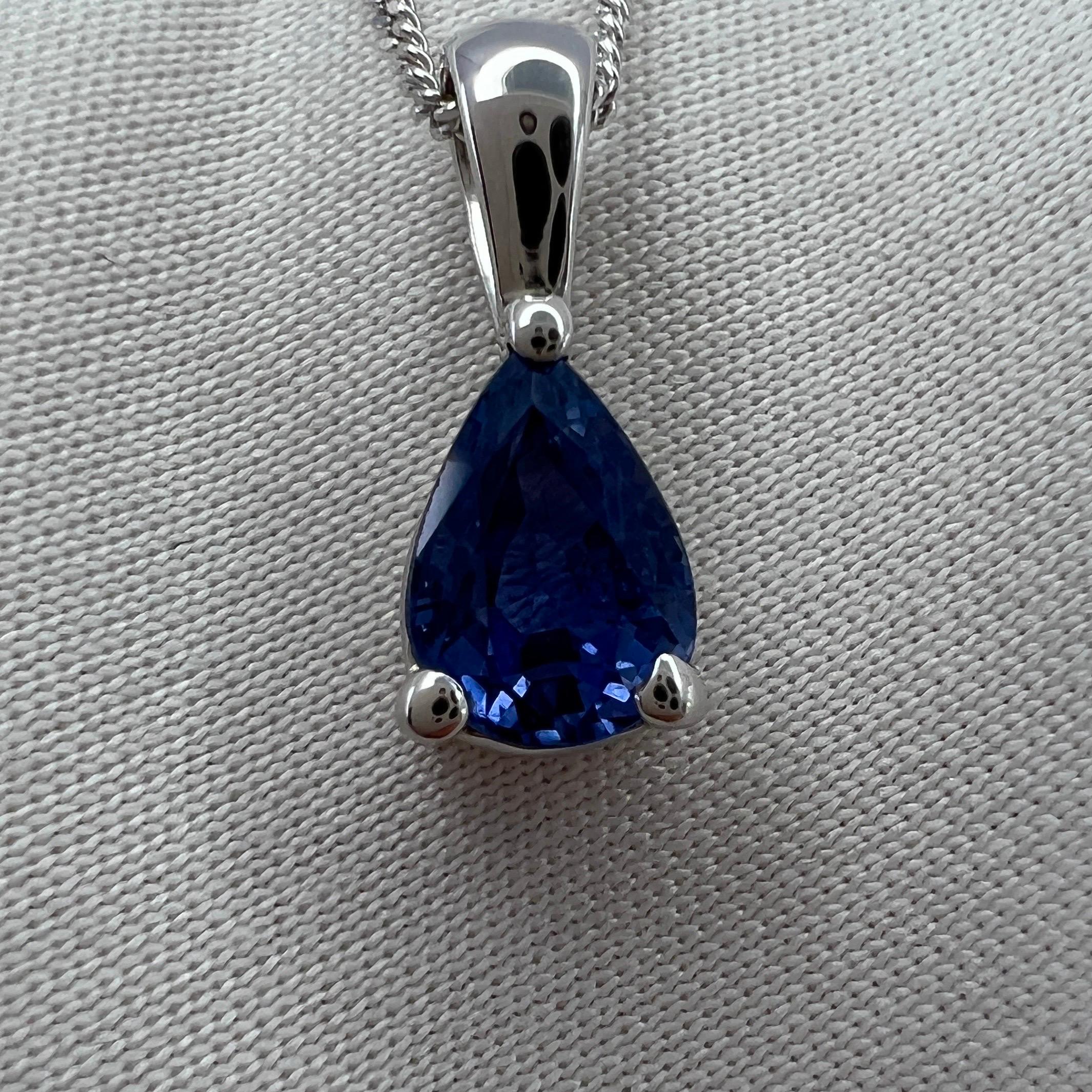 1.08ct Ceylon Cornflower Blue Sapphire 18K White Gold Pear Cut Pendant Necklace In New Condition In Birmingham, GB