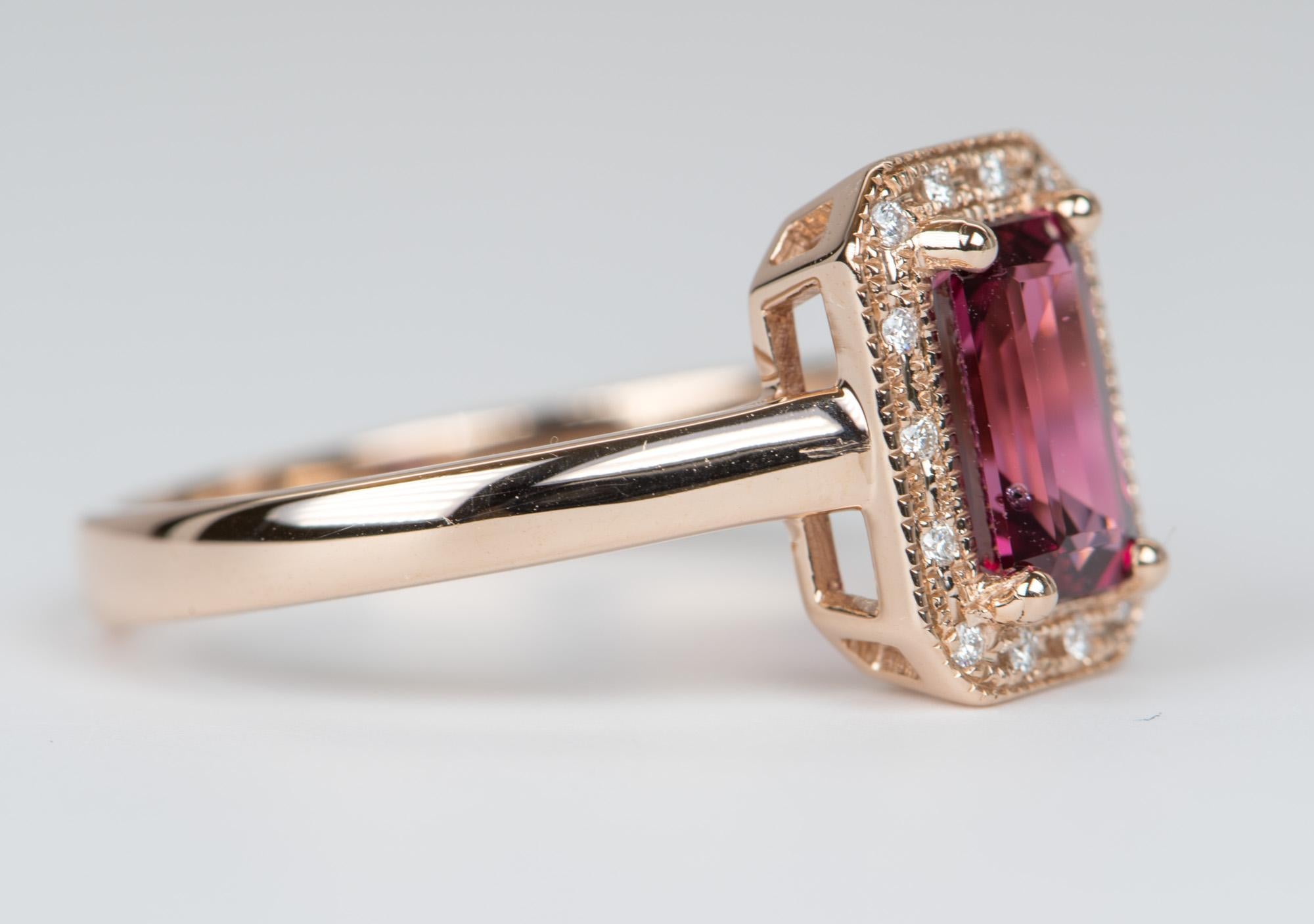 1.08ct Fire Red Emerald Cut Spinel Diamond Halo 14K Rose Gold Engagement Ring In New Condition In Osprey, FL