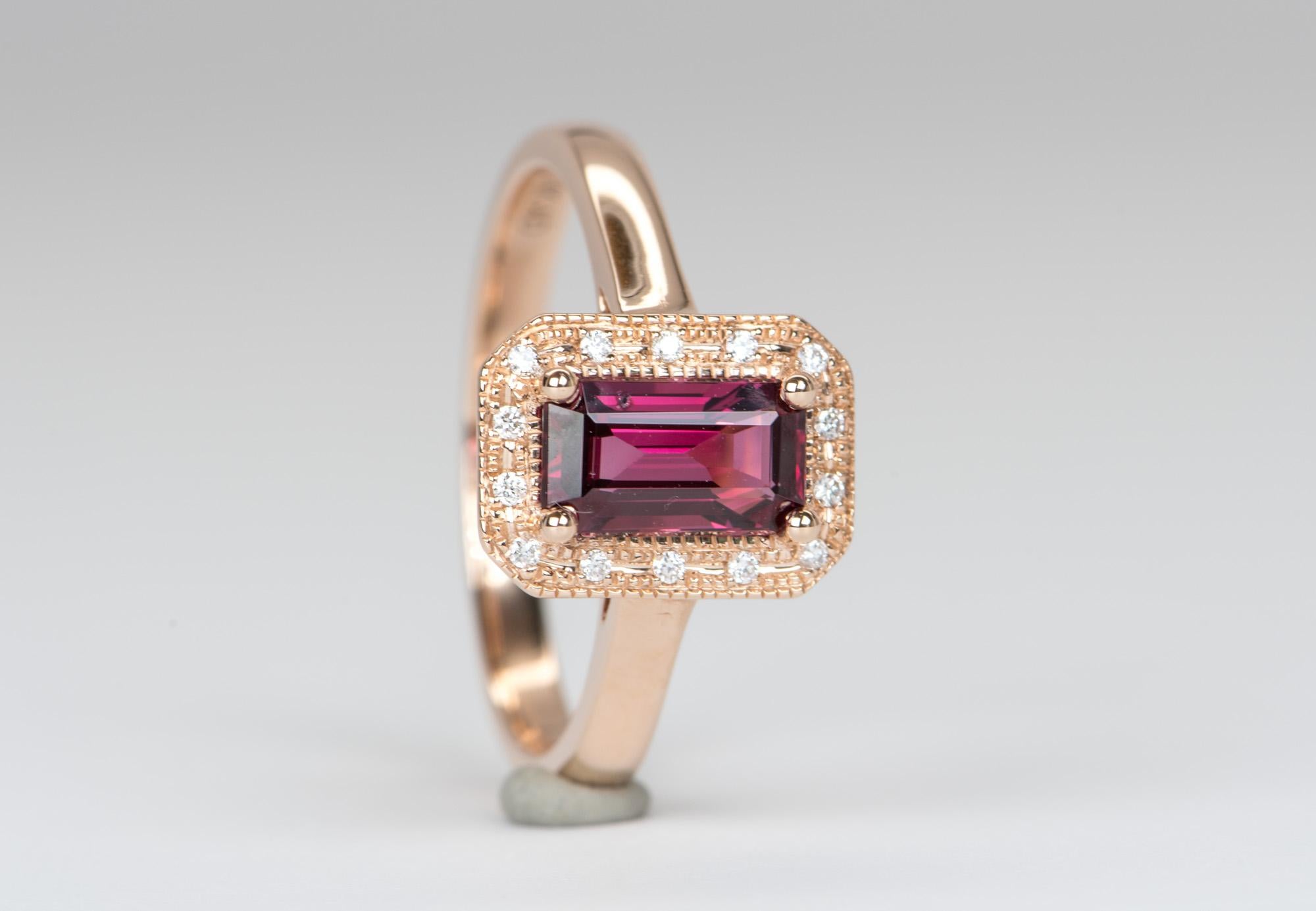 1.08ct Fire Red Emerald Cut Spinel Diamond Halo 14K Rose Gold Engagement Ring 1