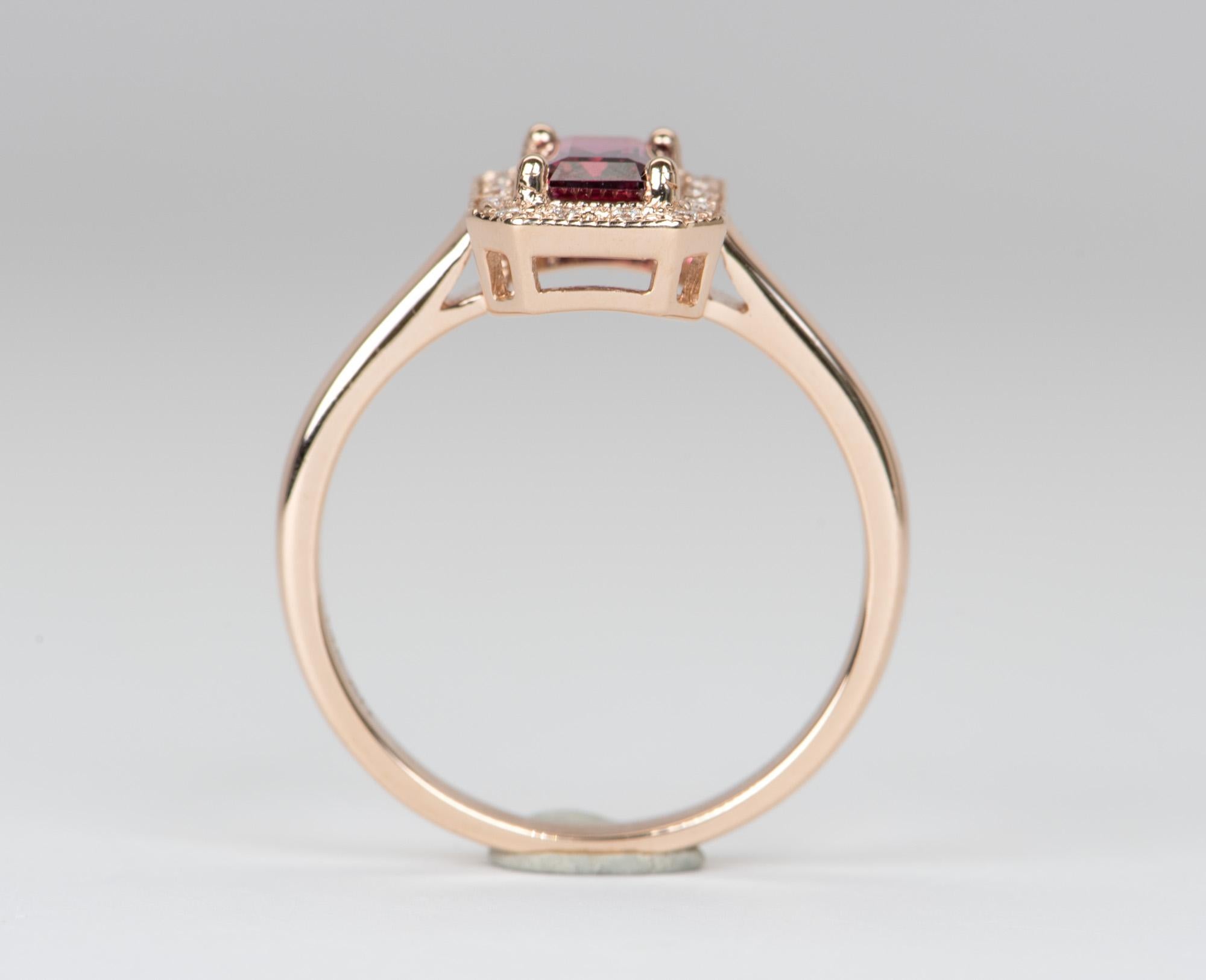 1.08ct Fire Red Emerald Cut Spinel Diamond Halo 14K Rose Gold Engagement Ring 2