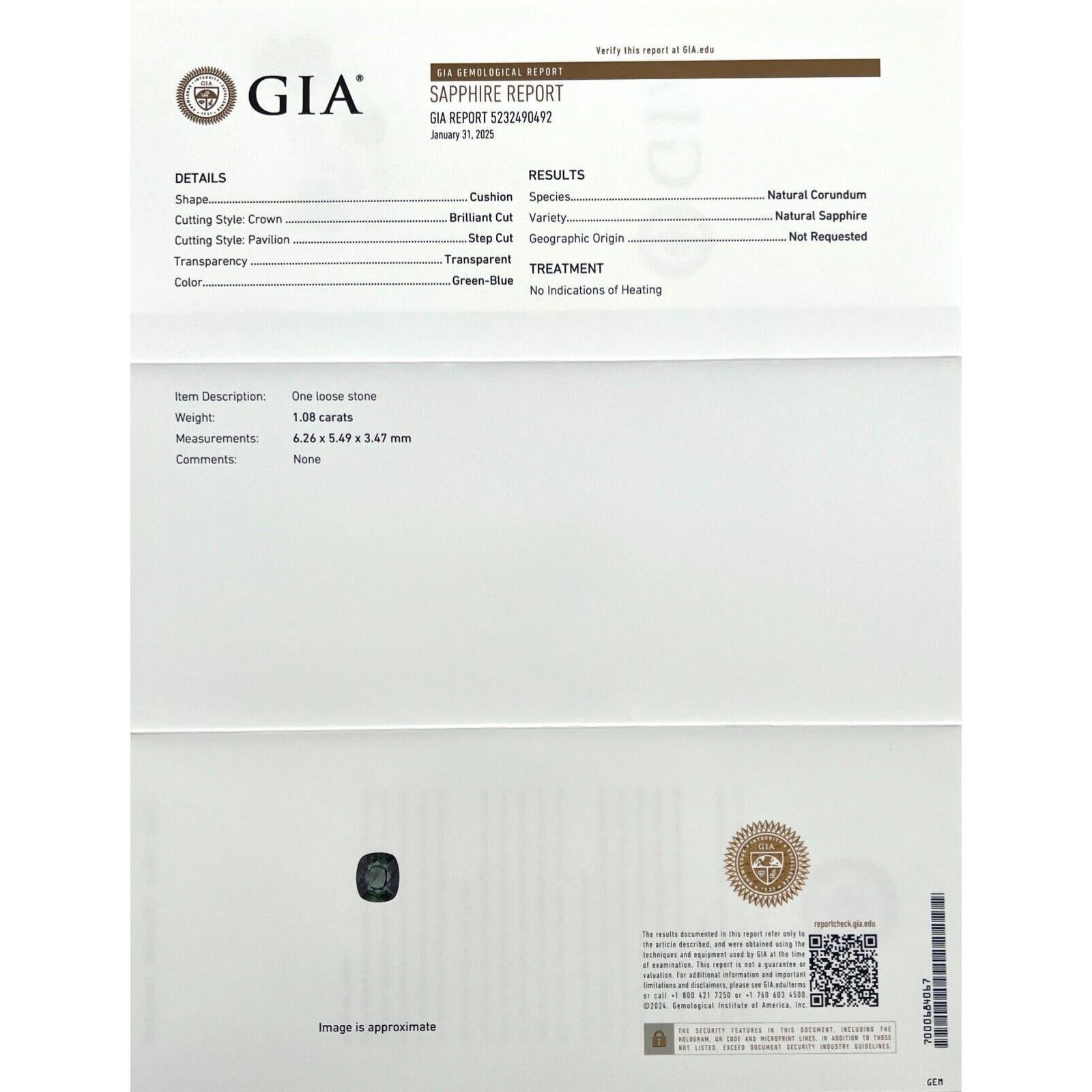 1.08ct GIA Certified Green Blue Teal Untreated Sapphire Natural Cushion Cut Gem (saphir non traité vert bleu sarcelle naturel taille coussin)

Saphir naturel vert bleu sarcelle non traité.
Saphir de 1,08 carat d'une couleur bleu vert profond