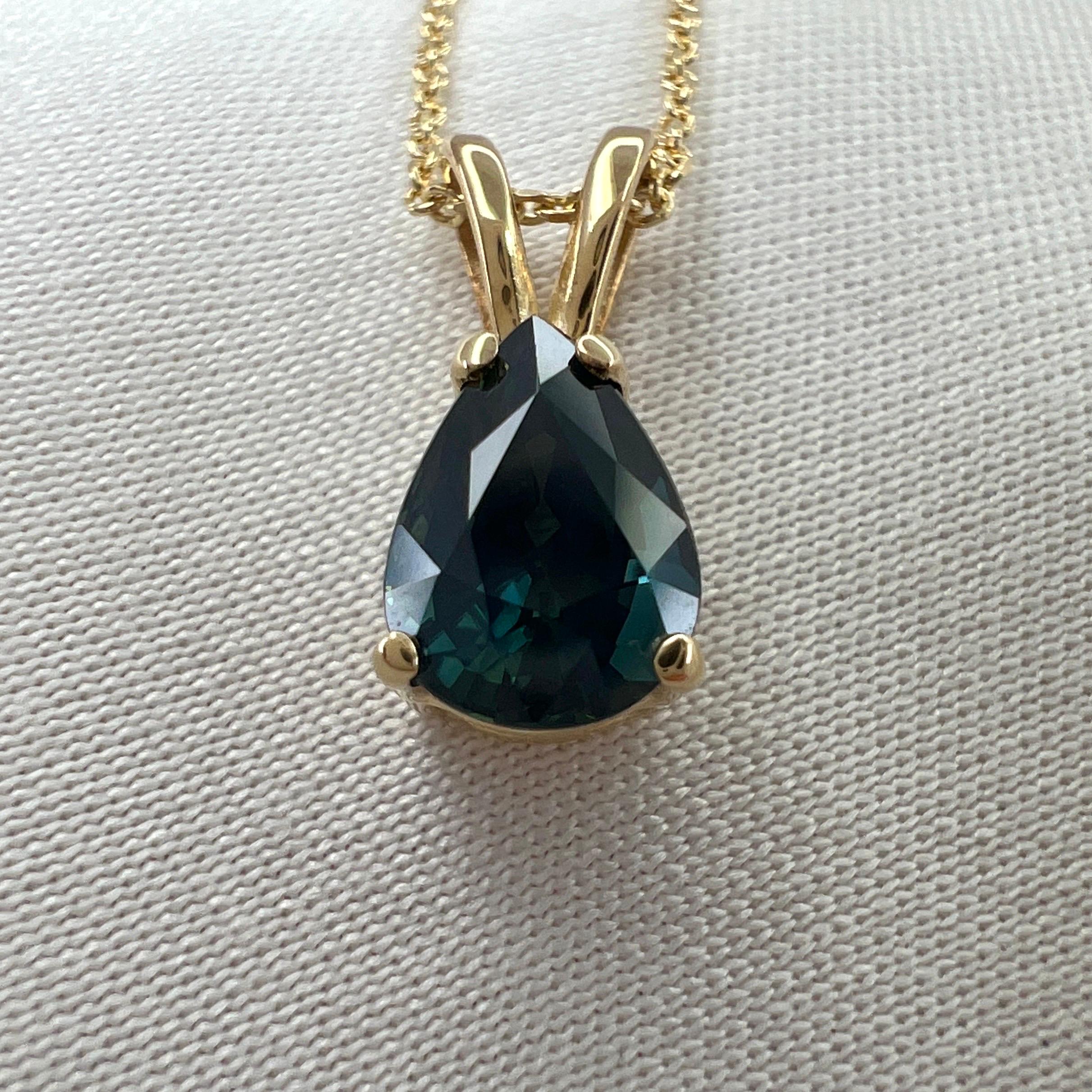 Fine Deep Green Blue Untreated Sapphire Pear Cut Gold Pendant Necklace. 

IGI Certified 1.08 carat sapphire with a stunning deep greenish blue colour. Also has very good clarity, clean stone with only some small natural inclusions visible when