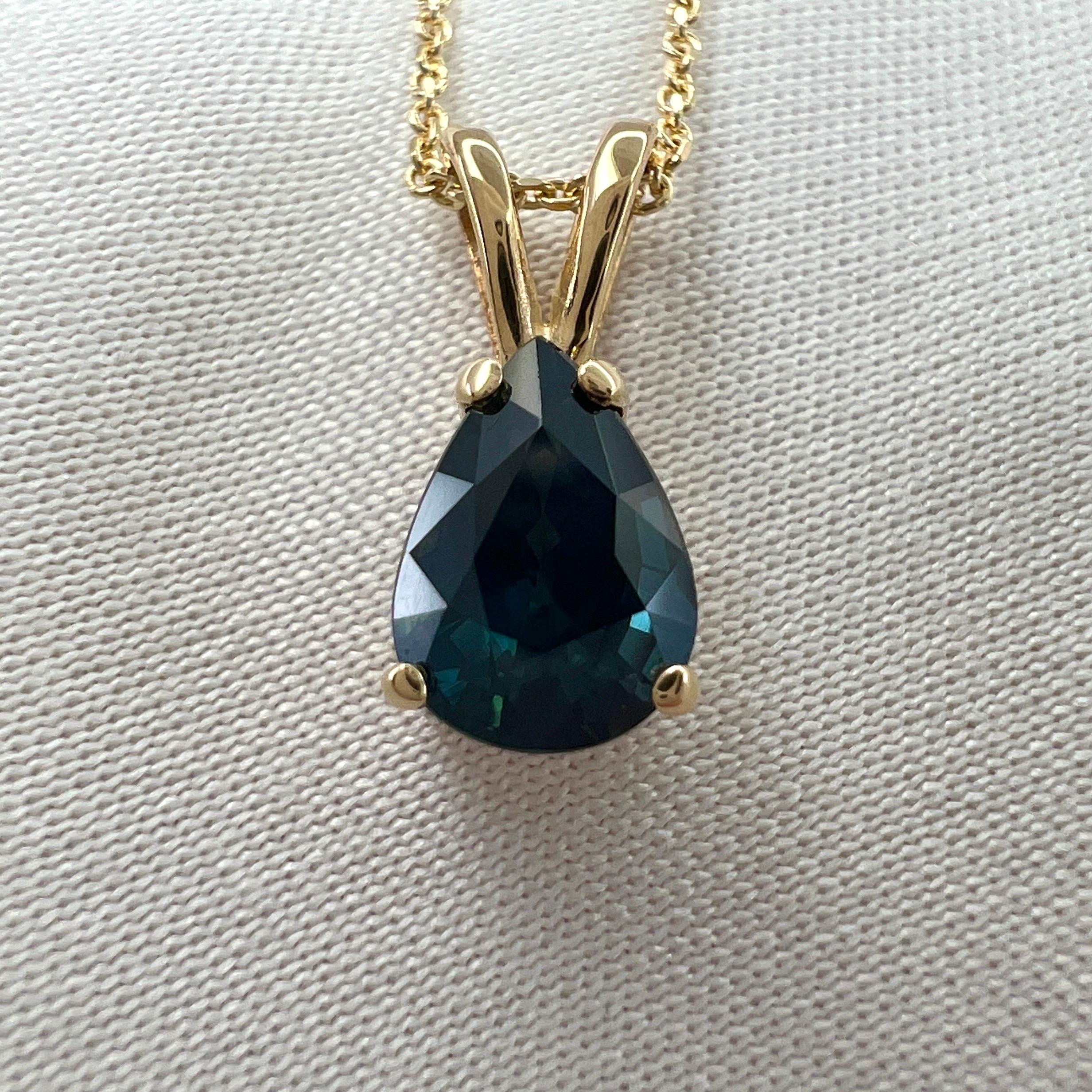 Women's or Men's 1.08ct IGI Certified Untreated Deep Green Blue Sapphire Pear Cut Gold Pendant For Sale