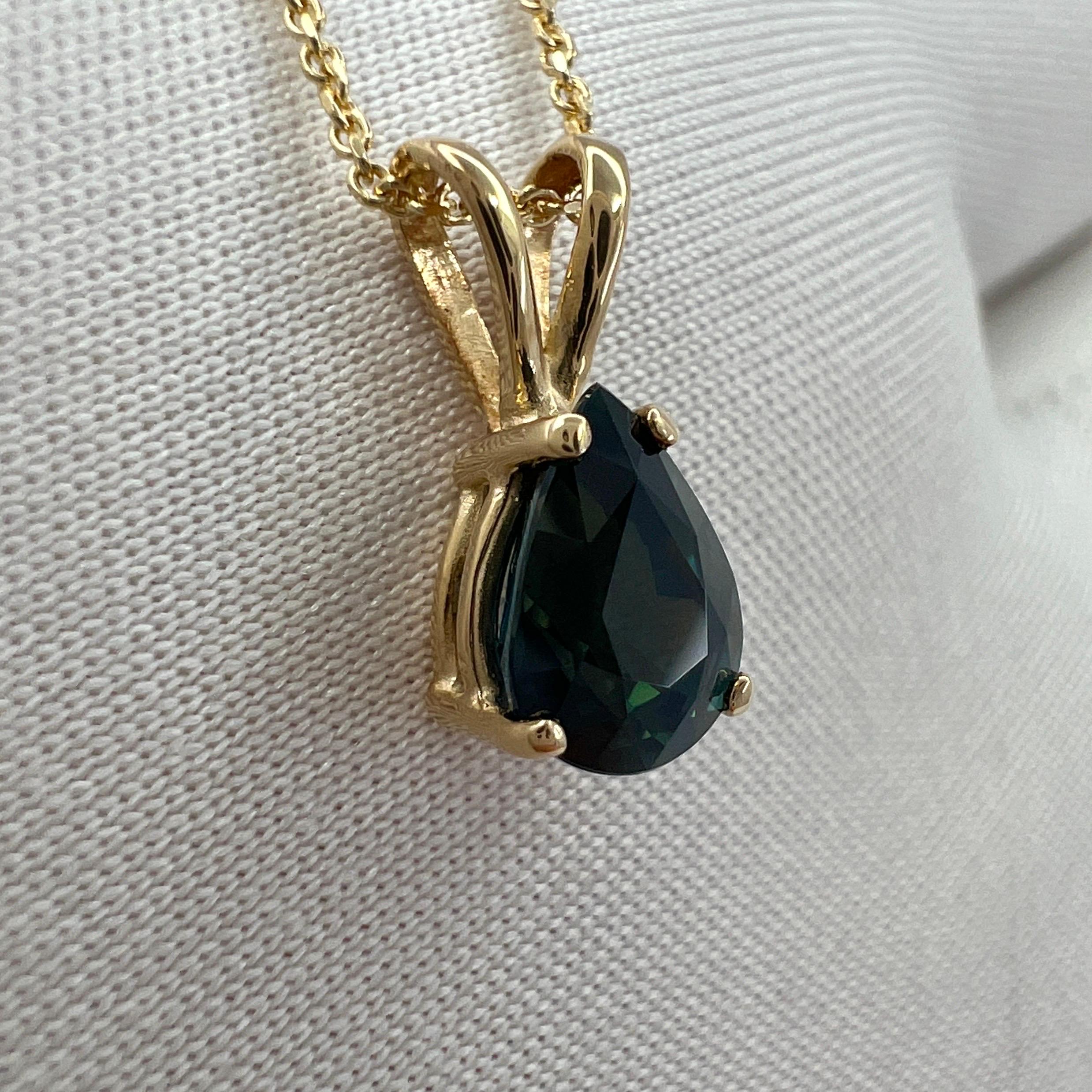 1.08ct IGI Certified Untreated Deep Green Blue Sapphire Pear Cut Gold Pendant For Sale 1