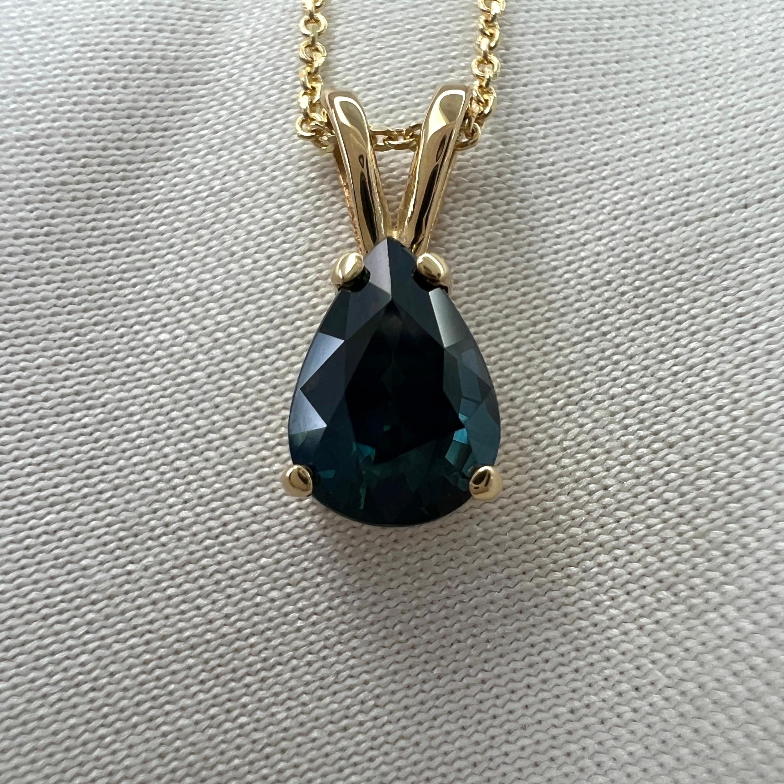 1.08ct IGI Certified Untreated Deep Green Blue Sapphire Pear Cut Gold Pendant For Sale 2
