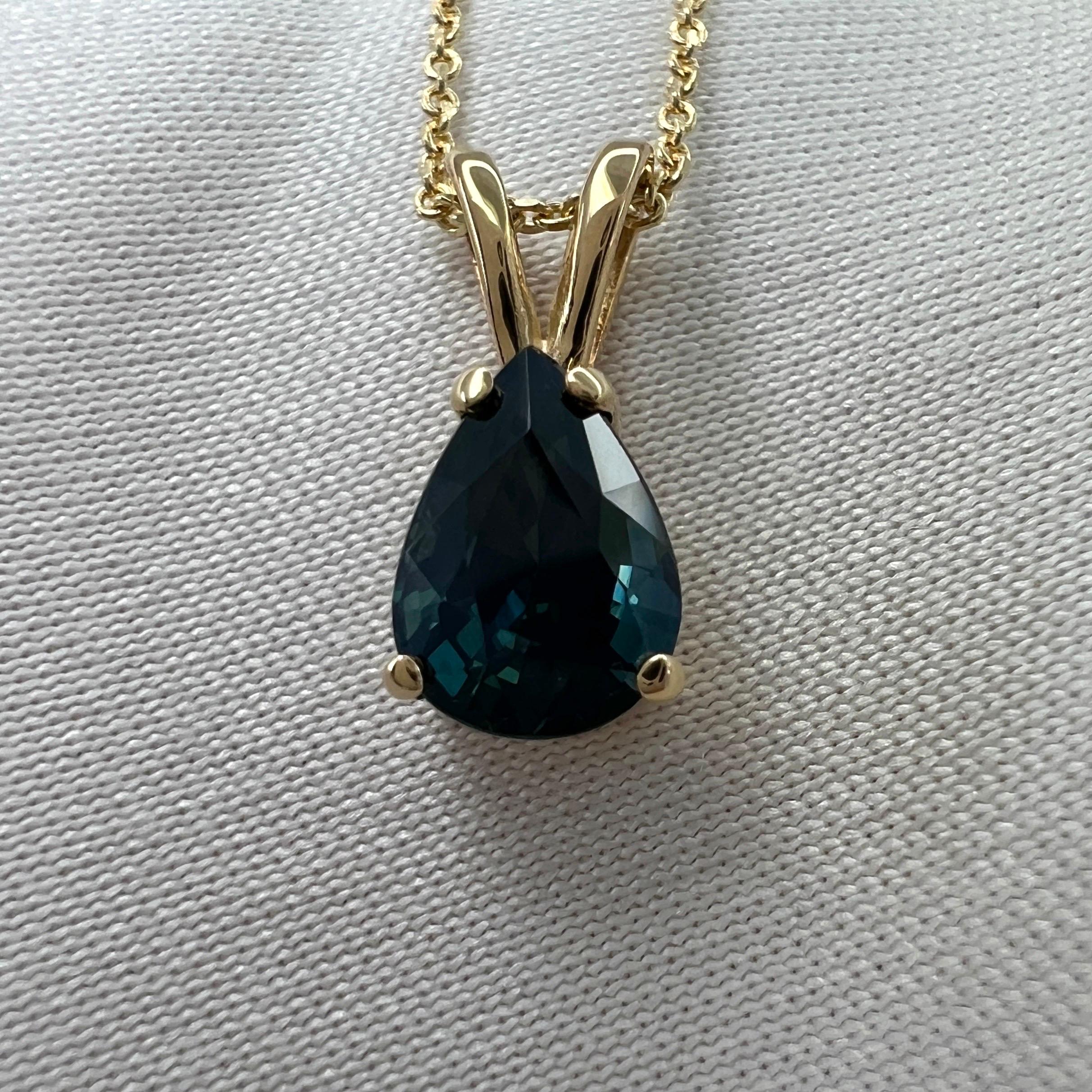 1.08ct IGI Certified Untreated Deep Green Blue Sapphire Pear Cut Gold Pendant For Sale 3