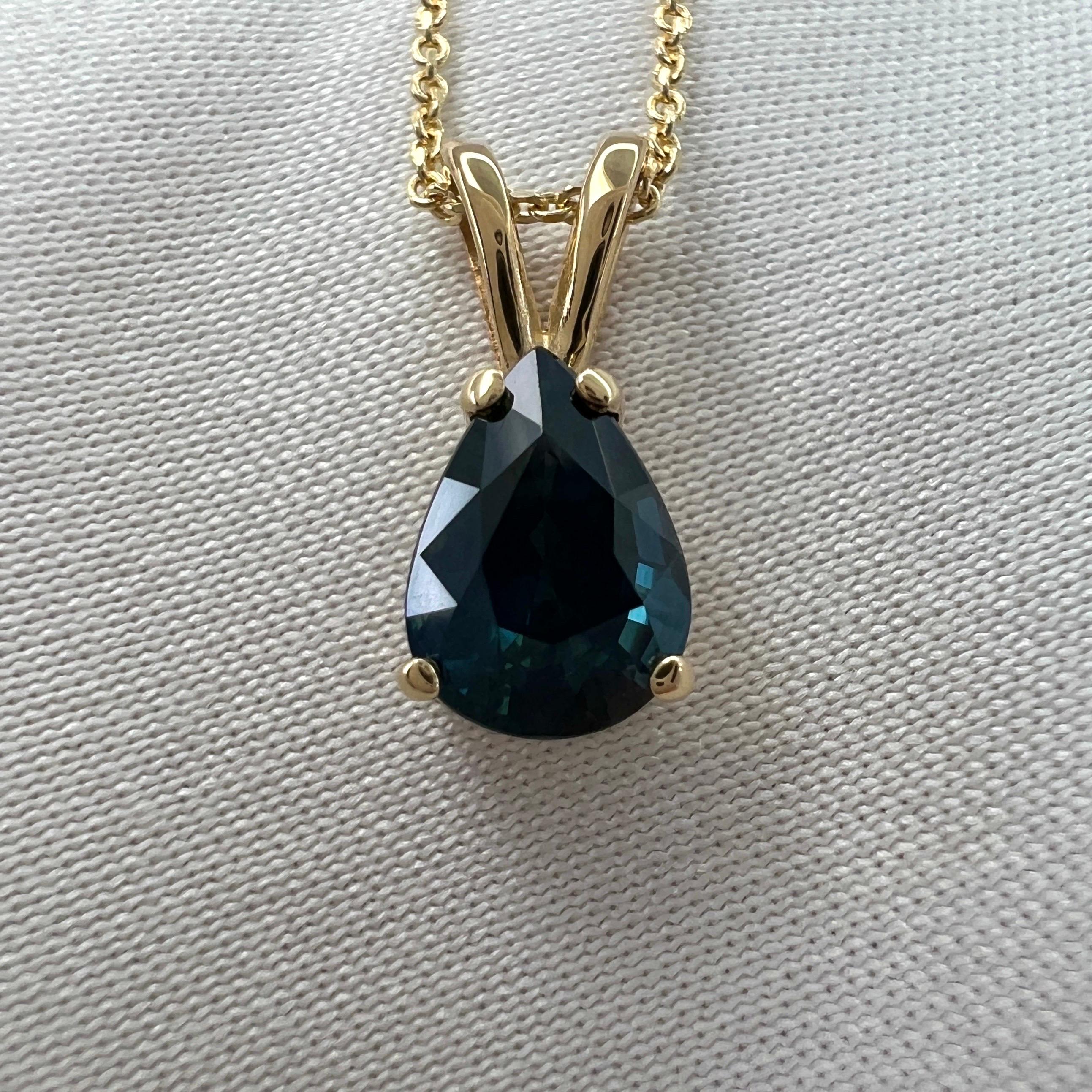 1.08ct IGI Certified Untreated Deep Green Blue Sapphire Pear Cut Gold Pendant For Sale 4