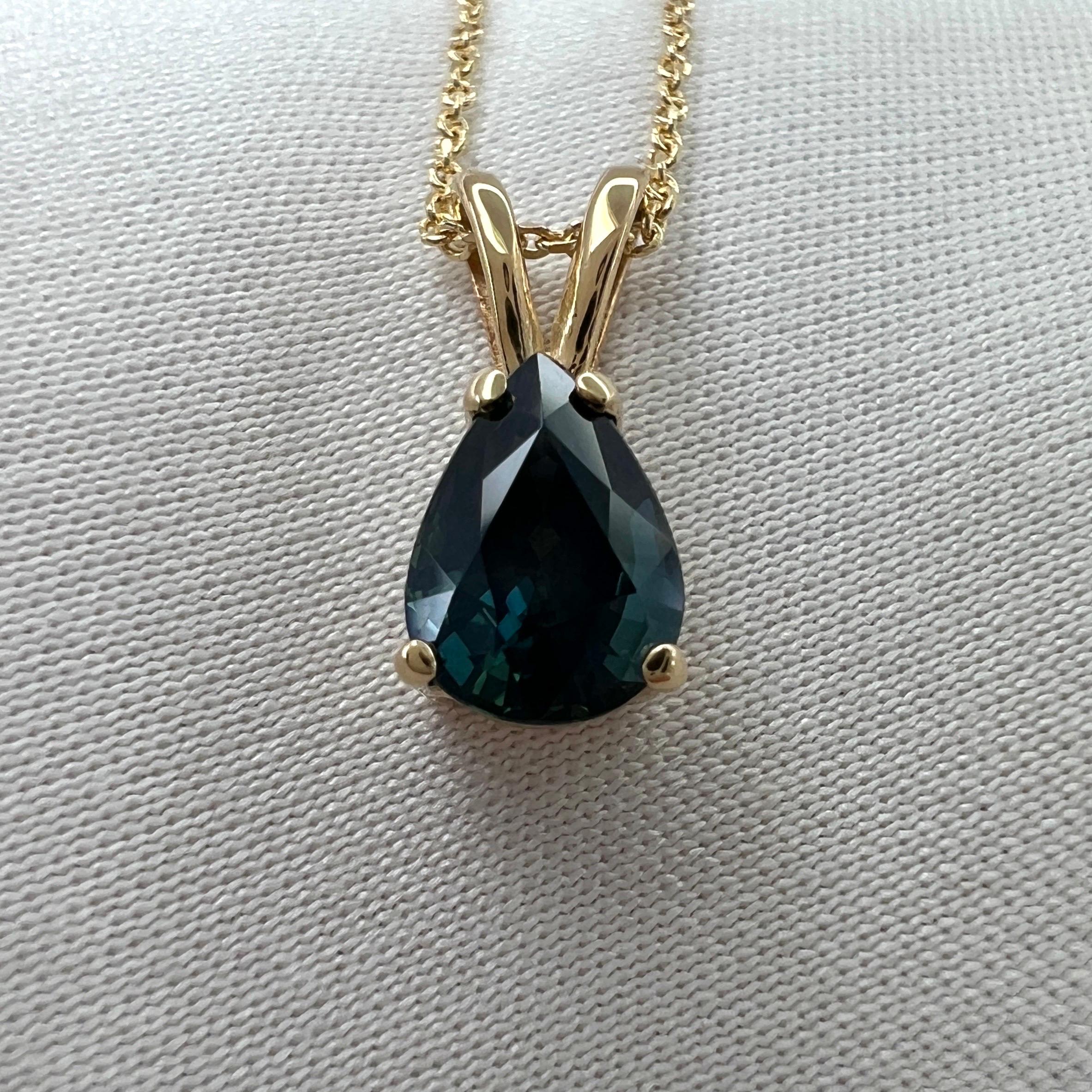 1.08ct IGI Certified Untreated Deep Green Blue Sapphire Pear Cut Gold Pendant For Sale 5