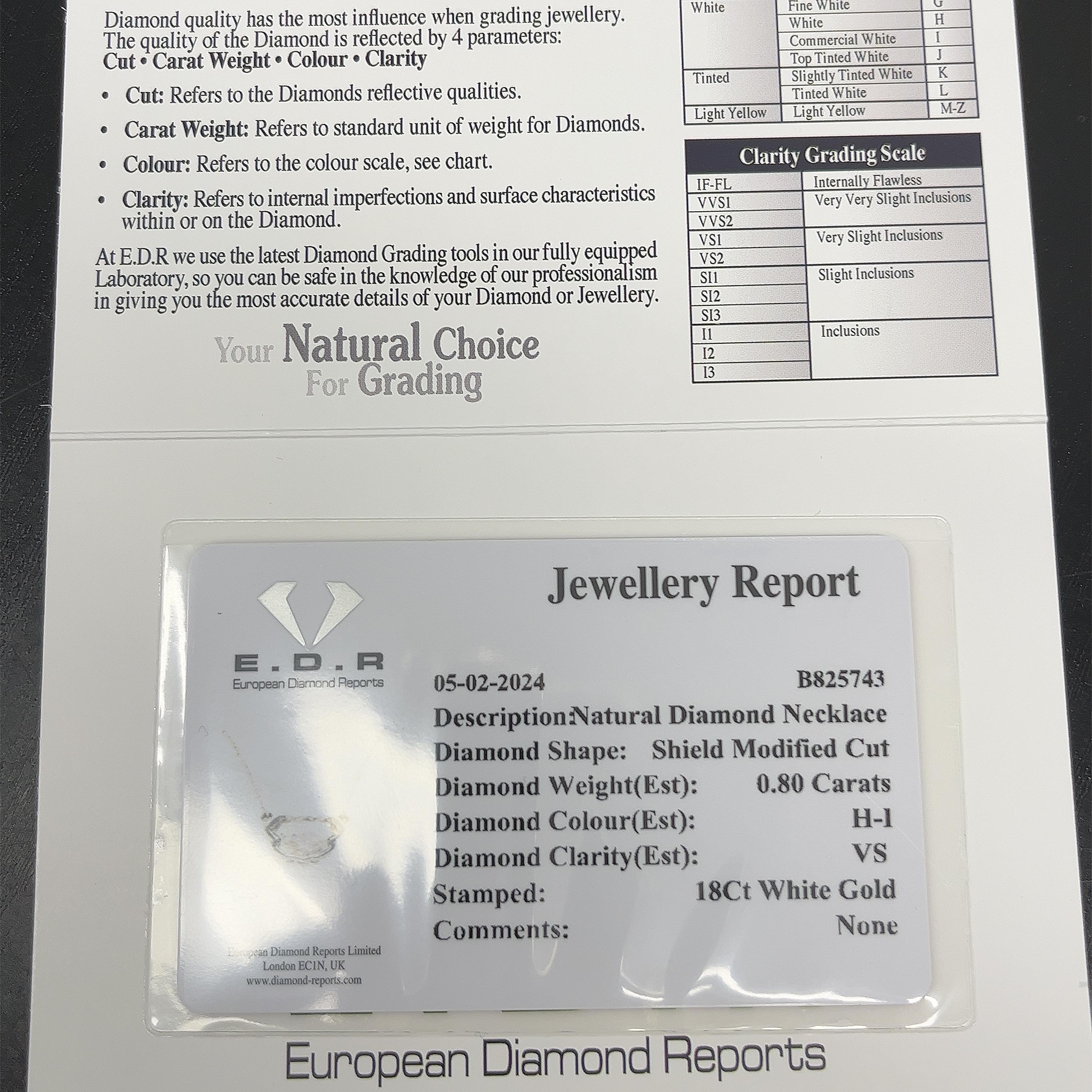 Shield Cut 1.08ct Natural Shield Shape Diamond H/SI1 Pendant in 18ct White Gold Frame For Sale