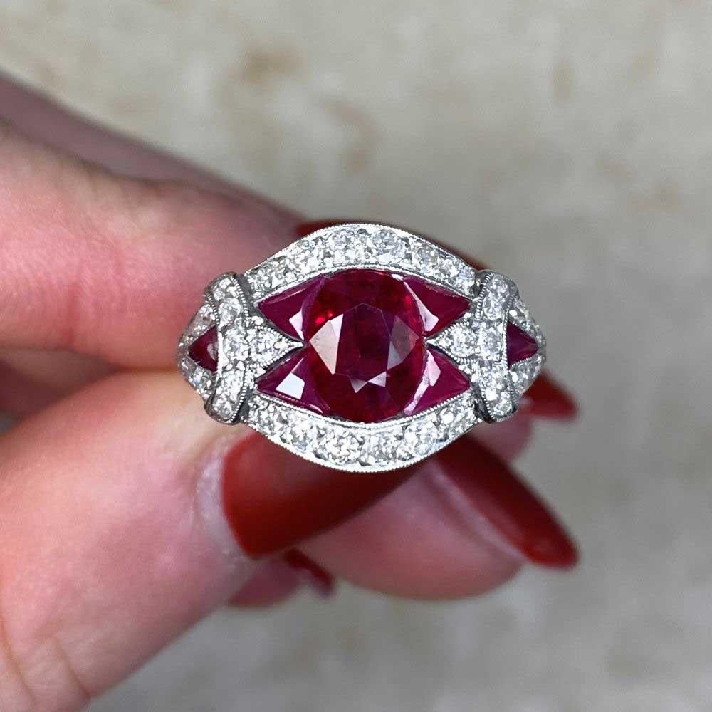 1.08ct Oval Cut Natural Ruby Cocktail Ring, Diamond Halo, Platinum For Sale 4