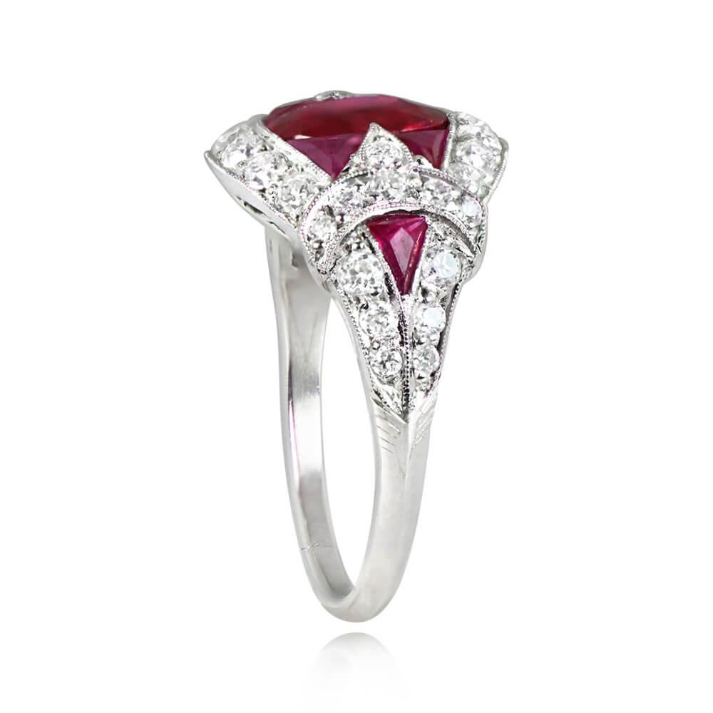 Art Deco 1.08ct Oval Cut Natural Ruby Cocktail Ring, Diamond Halo, Platinum For Sale