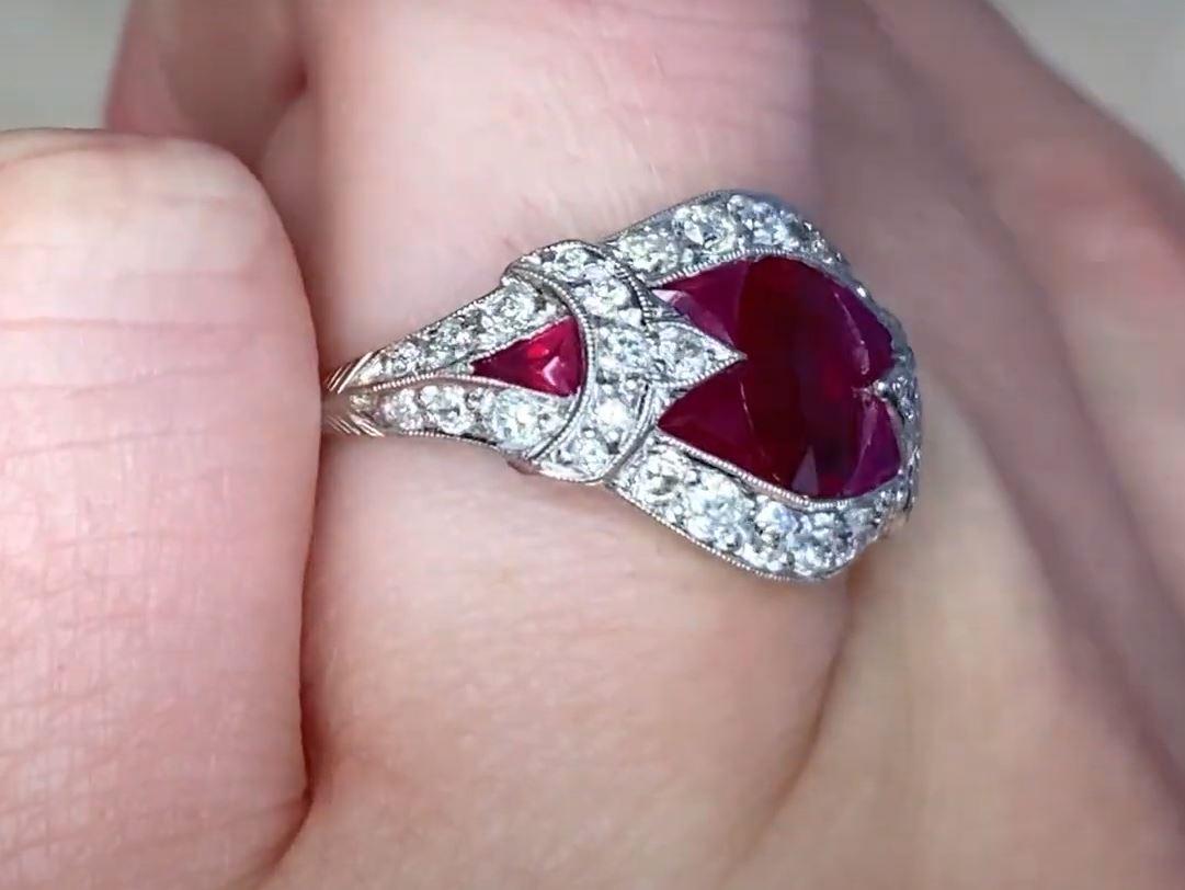 Women's 1.08ct Oval Cut Natural Ruby Cocktail Ring, Diamond Halo, Platinum For Sale