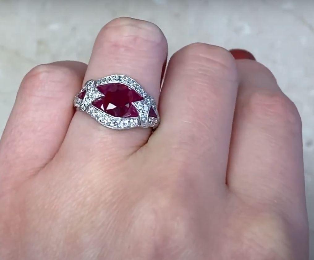 1.08ct Oval Cut Natural Ruby Cocktail Ring, Diamond Halo, Platinum For Sale 2