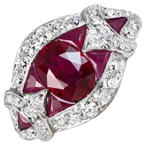 1.08ct Oval Cut Natural Ruby Cocktail Ring, Diamond Halo, Platinum For Sale