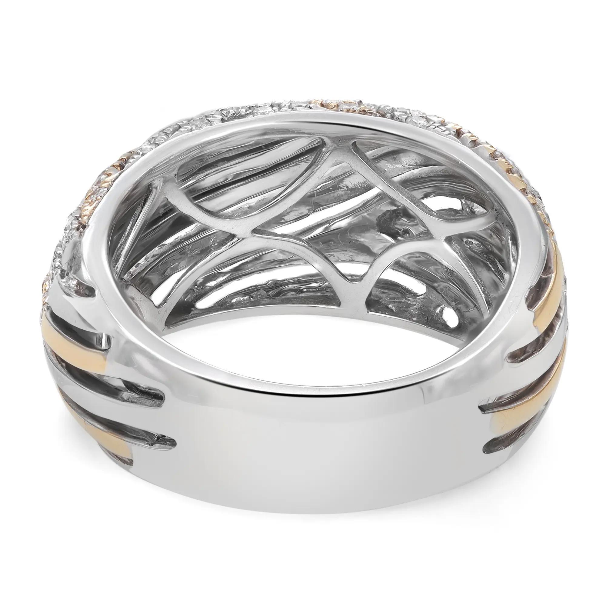 This two-tone elegant and classic diamond band ring is crafted in 14k yellow and white gold. Features multiple rows of prong set round brilliant cut diamonds set in a dome shaped shank weighing 1.08 carats. Diamond color I and SI clarity. Ring