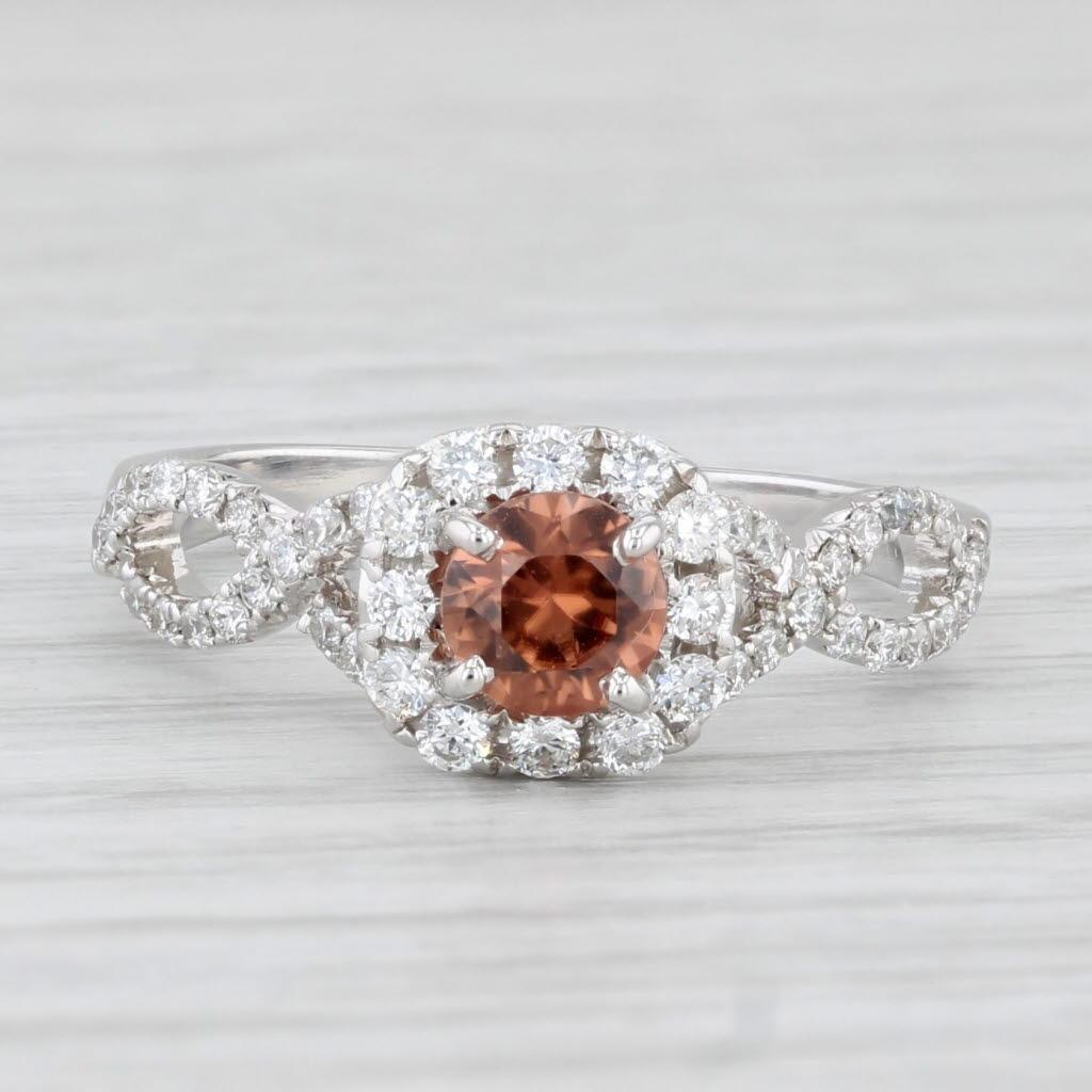 1.08ctw Brown Zircon Diamond Halo Ring 14k White Gold Size 7.25 Engagement In Good Condition For Sale In McLeansville, NC