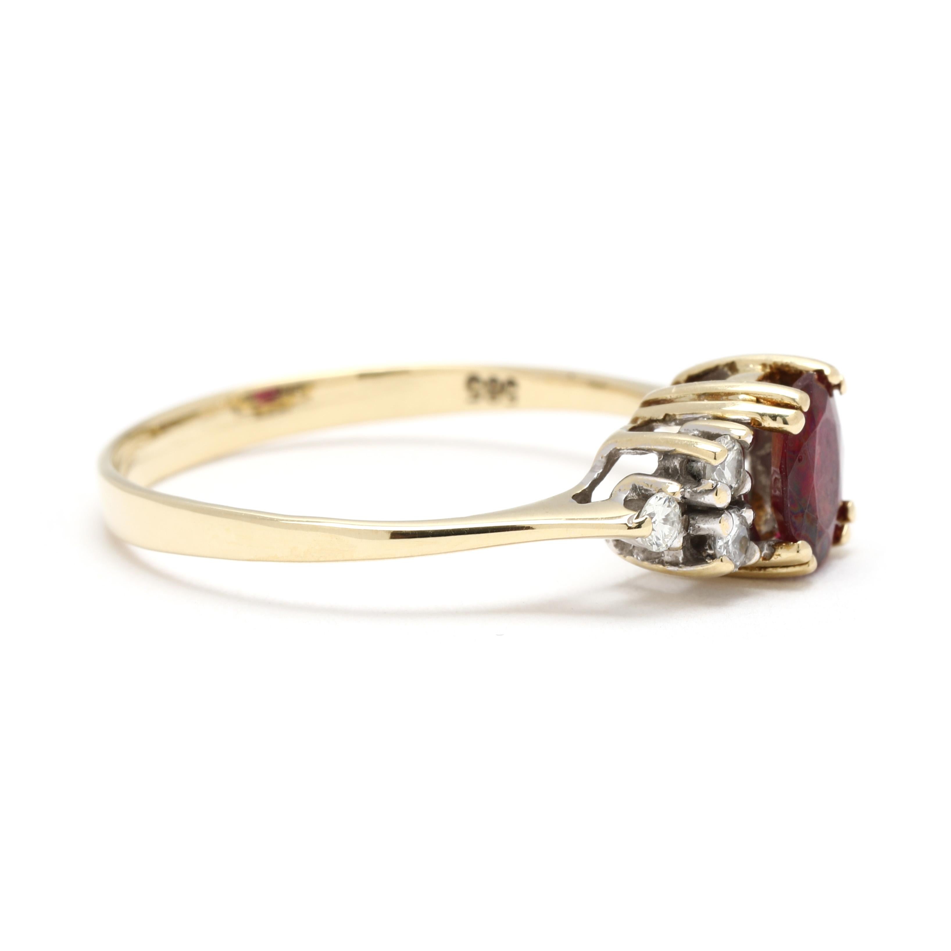 Steine:
Rubin, 1 Stein
Ovalschnitt
6 x 5.25 mm
etwa .90 Karat
Diamanten, 6 Steine
runder Brillantschliff
2 mm
etwa 0,18 Karat insgesamt
Farbe G-H, Reinheit VS2-SI2

Ring Größe 7.75

Länge: 6,5 mm

Gewicht: 1,5 dwts. / 2,3 Gramm

Briefmarken:
