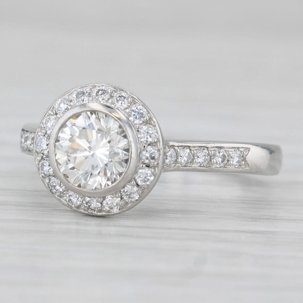 Women's or Men's 1.08ctw Round Diamond Halo Engagement Ring Platinum Size 5.5 For Sale