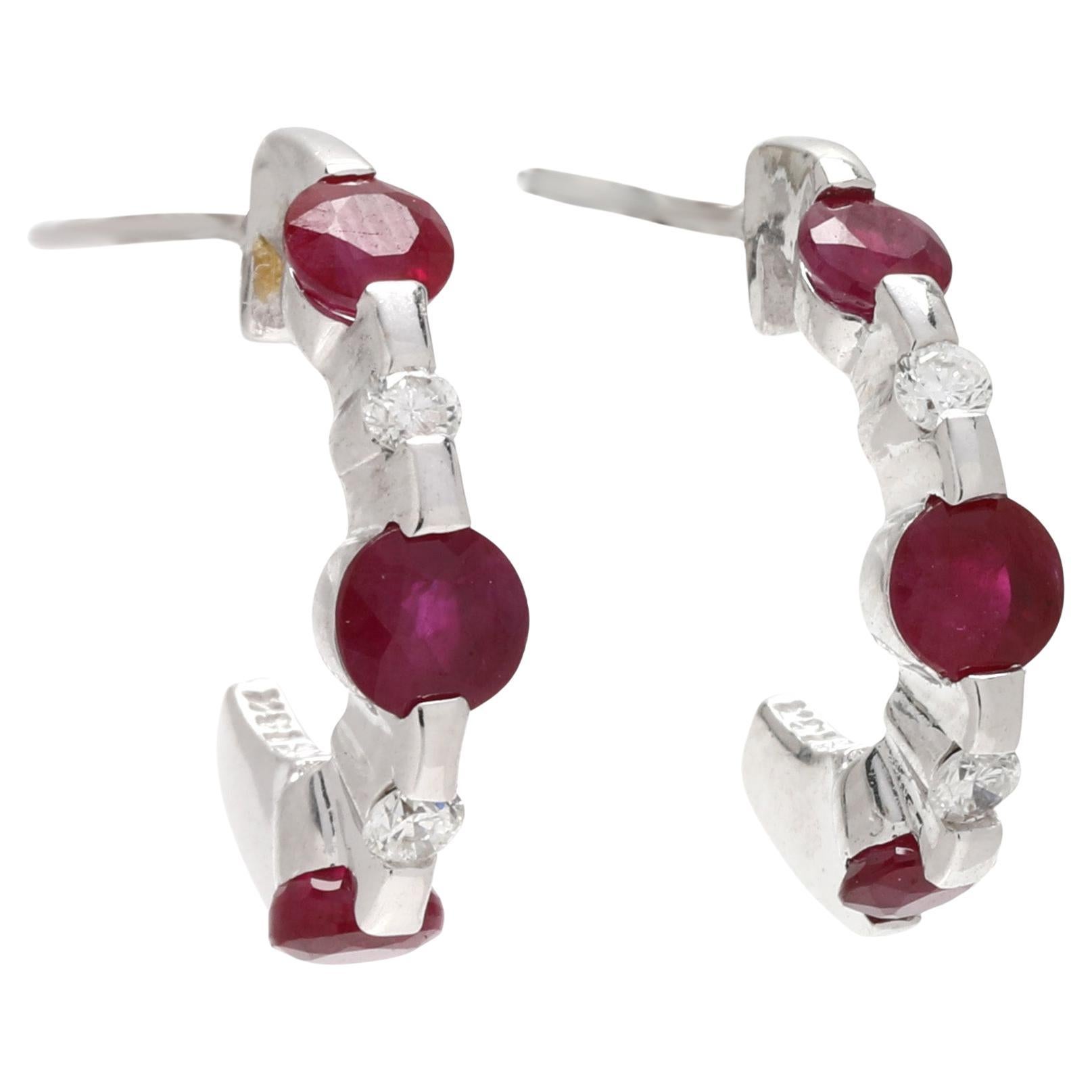 1.08ctw Ruby and Diamond Small Hoop Earrings, 14k White Gold, Length .63 Inches For Sale