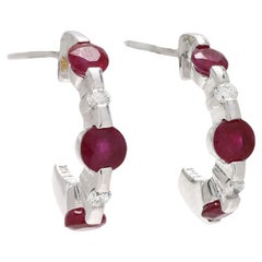 1.08ctw Ruby and Diamond Small Hoop Earrings, 14k White Gold, Length .63 Inches