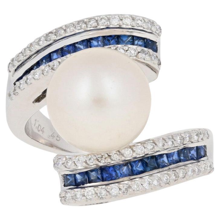 10.8mm Cultured Pearl, Sapphire, & Diamond Ring - 18k White Gold Bypass 1.49ctw For Sale