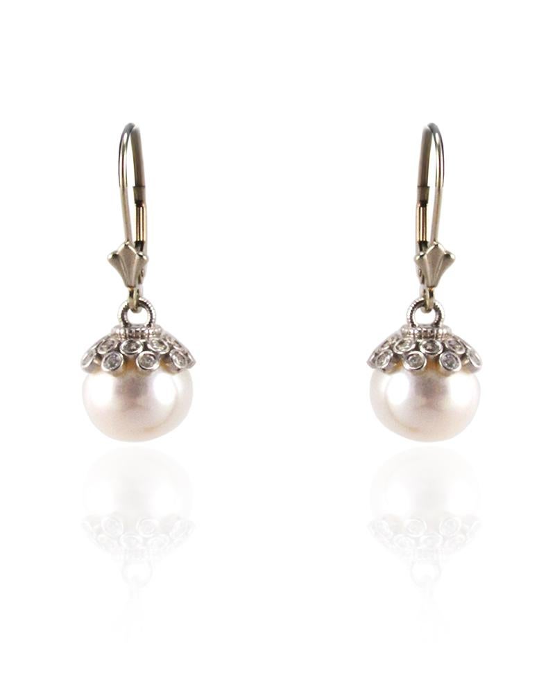 White Pearl and Diamond Earrings in 14 Karat White Gold In New Condition In Chicago, IL