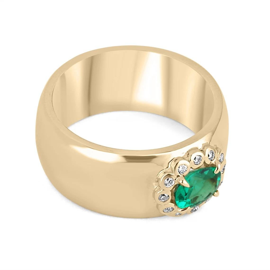 A breath-taking, emerald and diamond statement ring. This gorgeous piece features a 1.0-carat, fine-quality Colombian emerald. The center gemstone displayed a desirable, vivid-green color with excellent eye clarity among its other superb