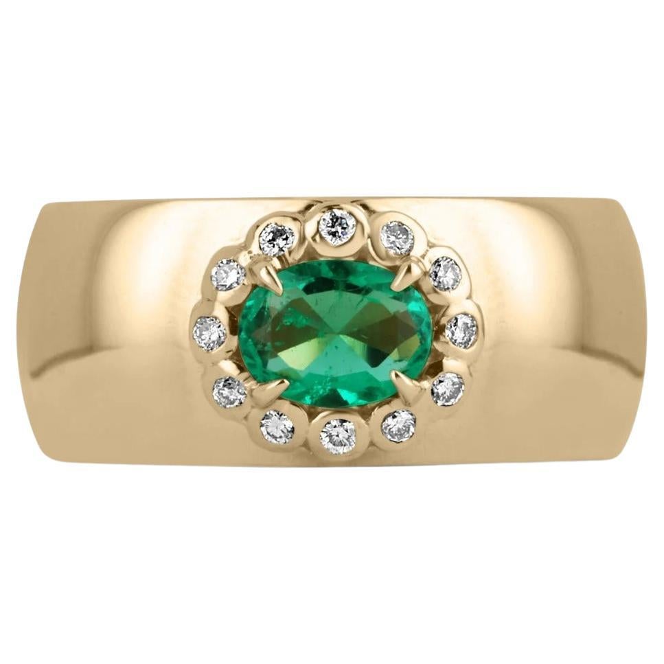 1.08tcw 14K Colombian Emerald-Oval Cut & Diamond Halo Accent Statement Ring For Sale