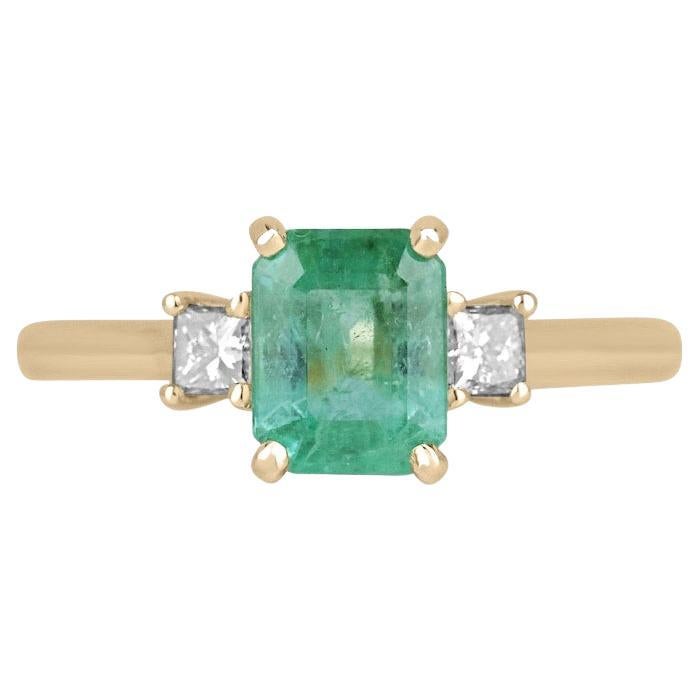 1.08tcw 14K Emerald Cut Emerald & Diamond Three-Stone Ring - Light Green 585