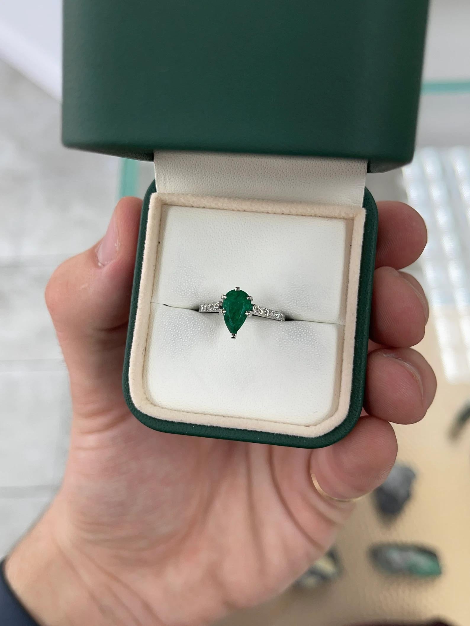 Pear Cut 1.08tcw Dark Green Emerald & Diamond Solitaire with Accents Engagement Ring 14K For Sale