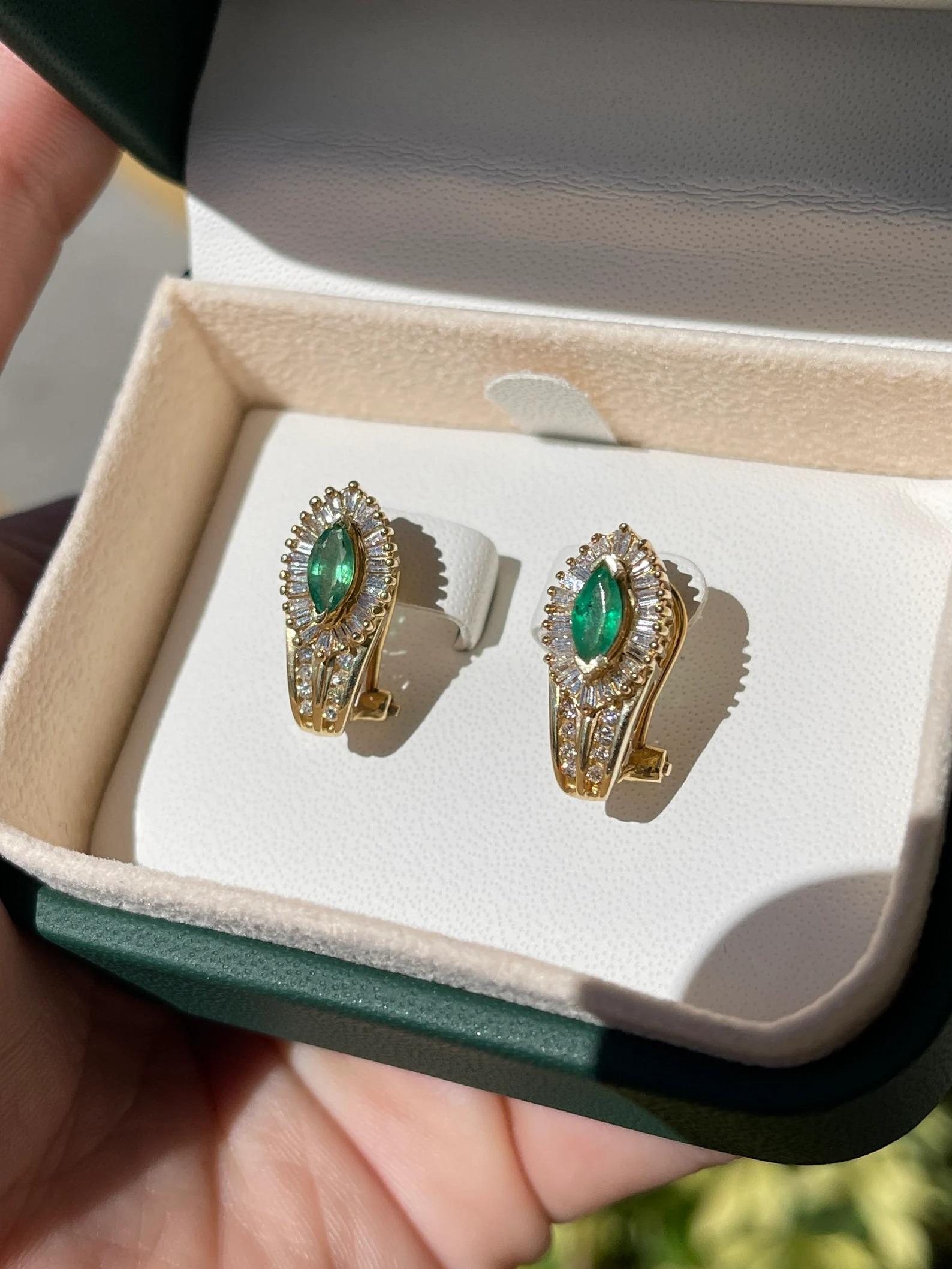 Modern 1.08tcw Natural Mossy Green Emerald & Diamond Accent Leverback Earrings 14k For Sale