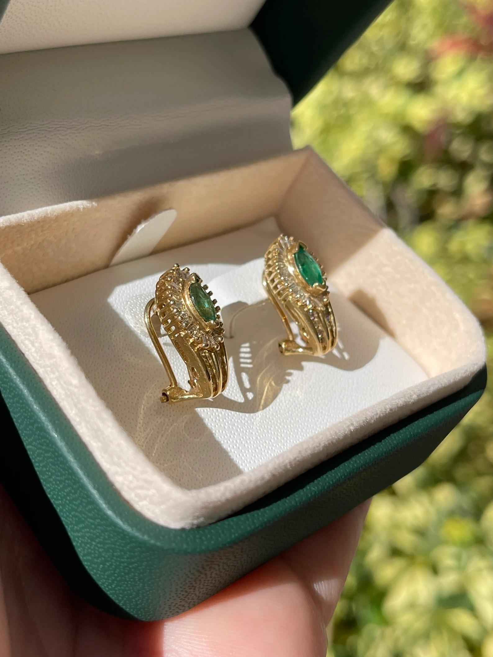 Marquise Cut 1.08tcw Natural Mossy Green Emerald & Diamond Accent Leverback Earrings 14k For Sale