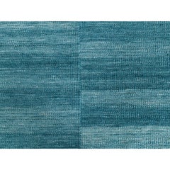 10'8"x14' Hand Woven Aquamarine Stripe Design Flat Weave Kilim Pure Wool Rug