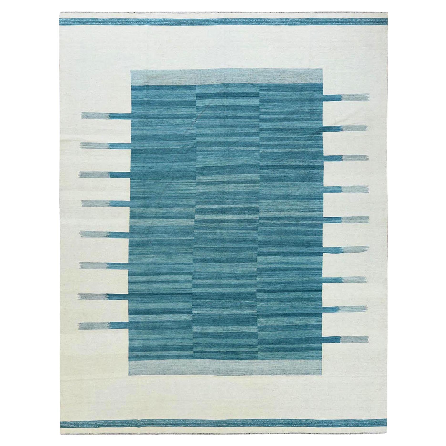 10'8"x14' Hand Woven Aquamarine Stripe Design Flat Weave Kilim Pure Wool Rug