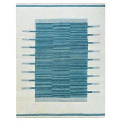 10'8"x14' Hand Woven Aquamarine Stripe Design Flat Weave Kilim Pure Wool Rug