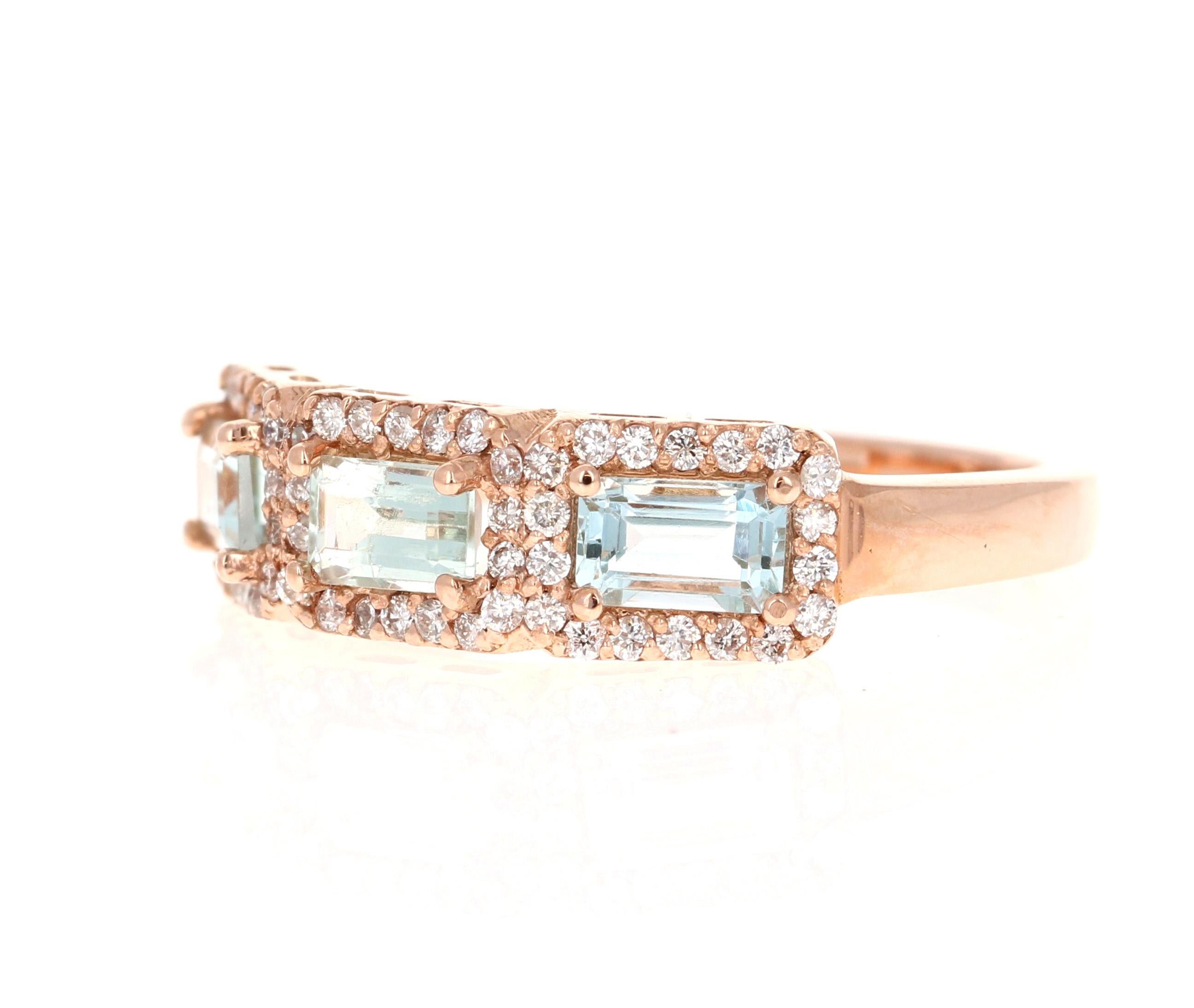 Contemporaneo Fascia da cocktail in oro rosa a 3 pietre con diamante e acquamarina da 1,09 carati in vendita