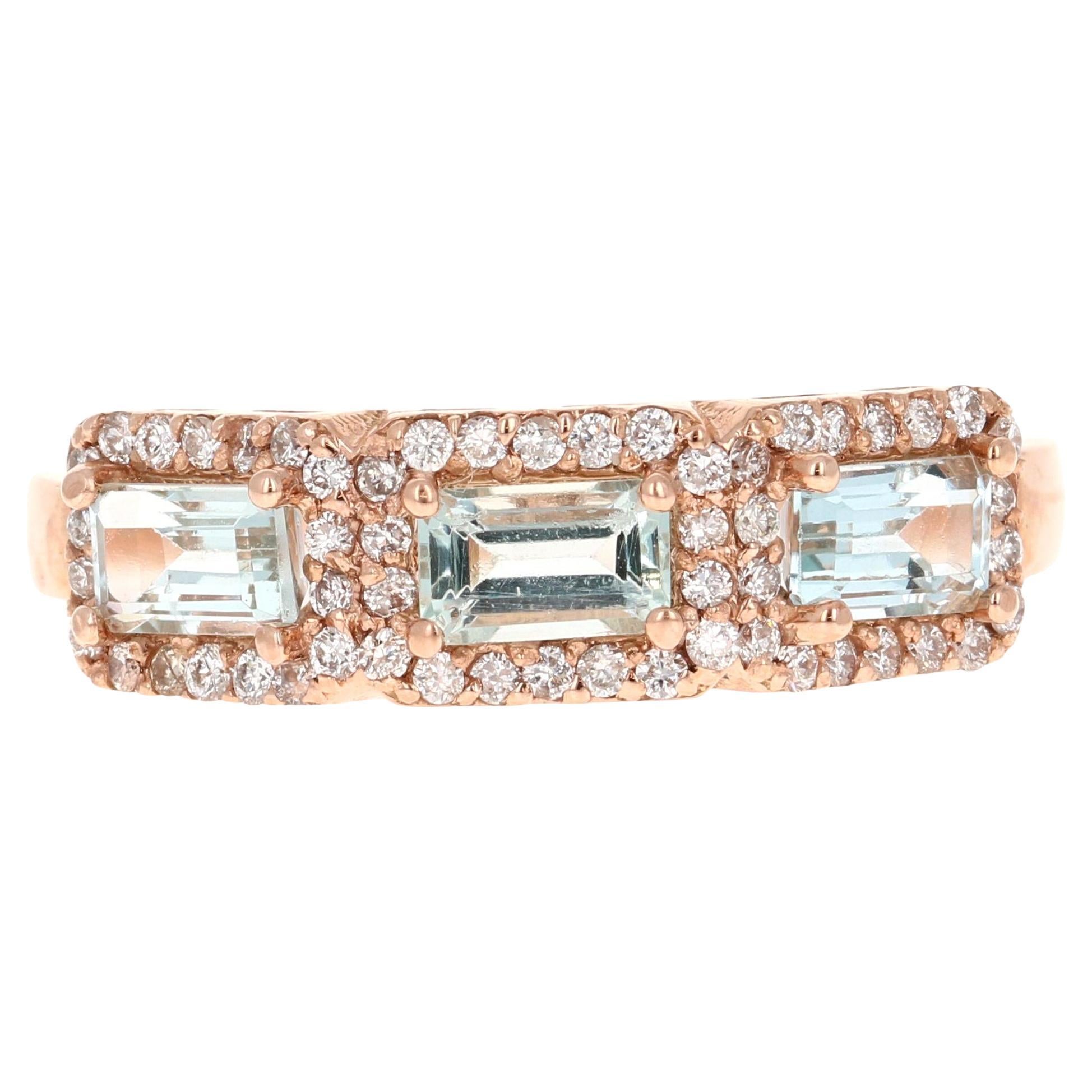 1.09 Carat Aquamarine Diamond 3-Stone Rose Gold Cocktail Band