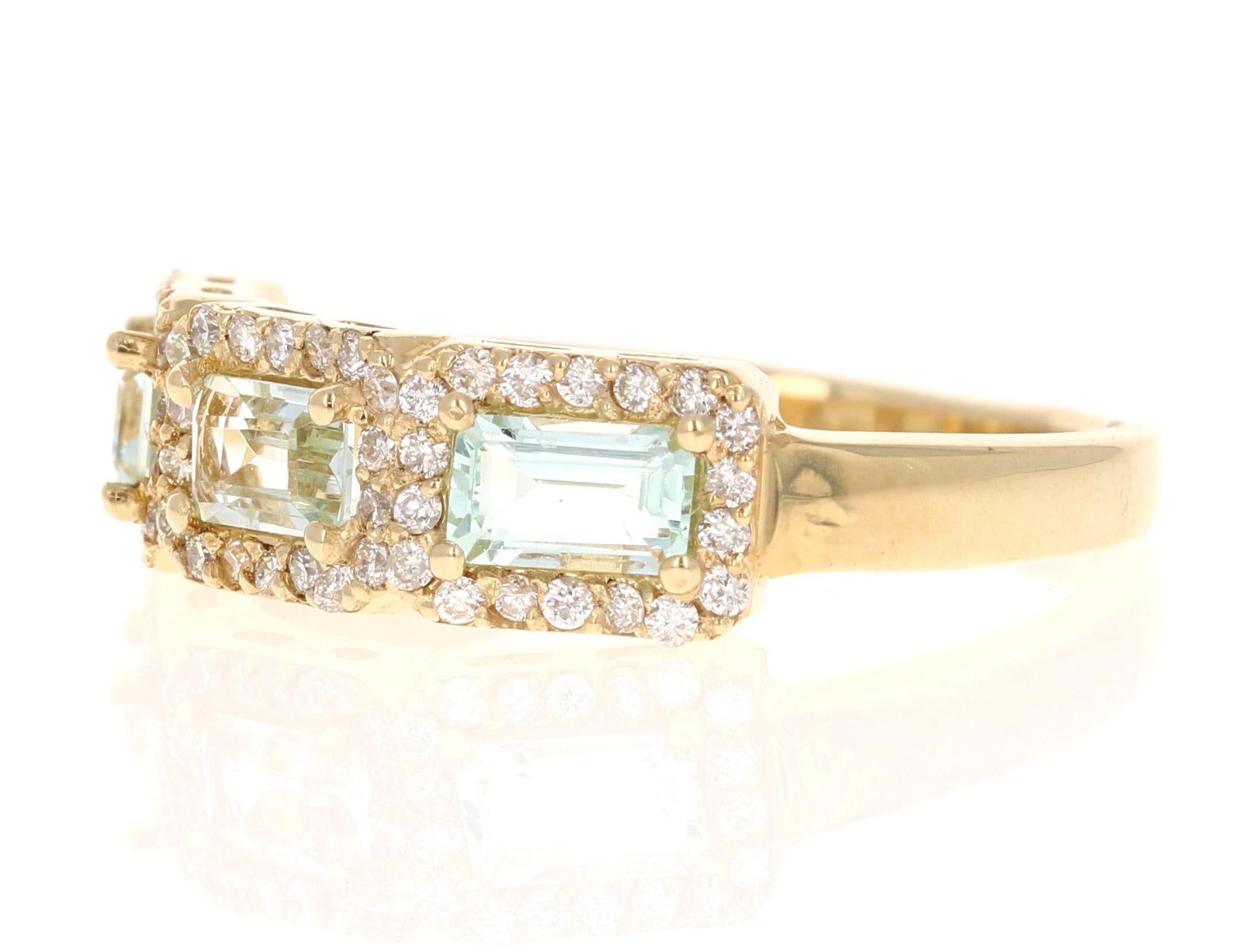 Baguette Cut 1.09 Carat Aquamarine Diamond Yellow Gold Cocktail Band For Sale
