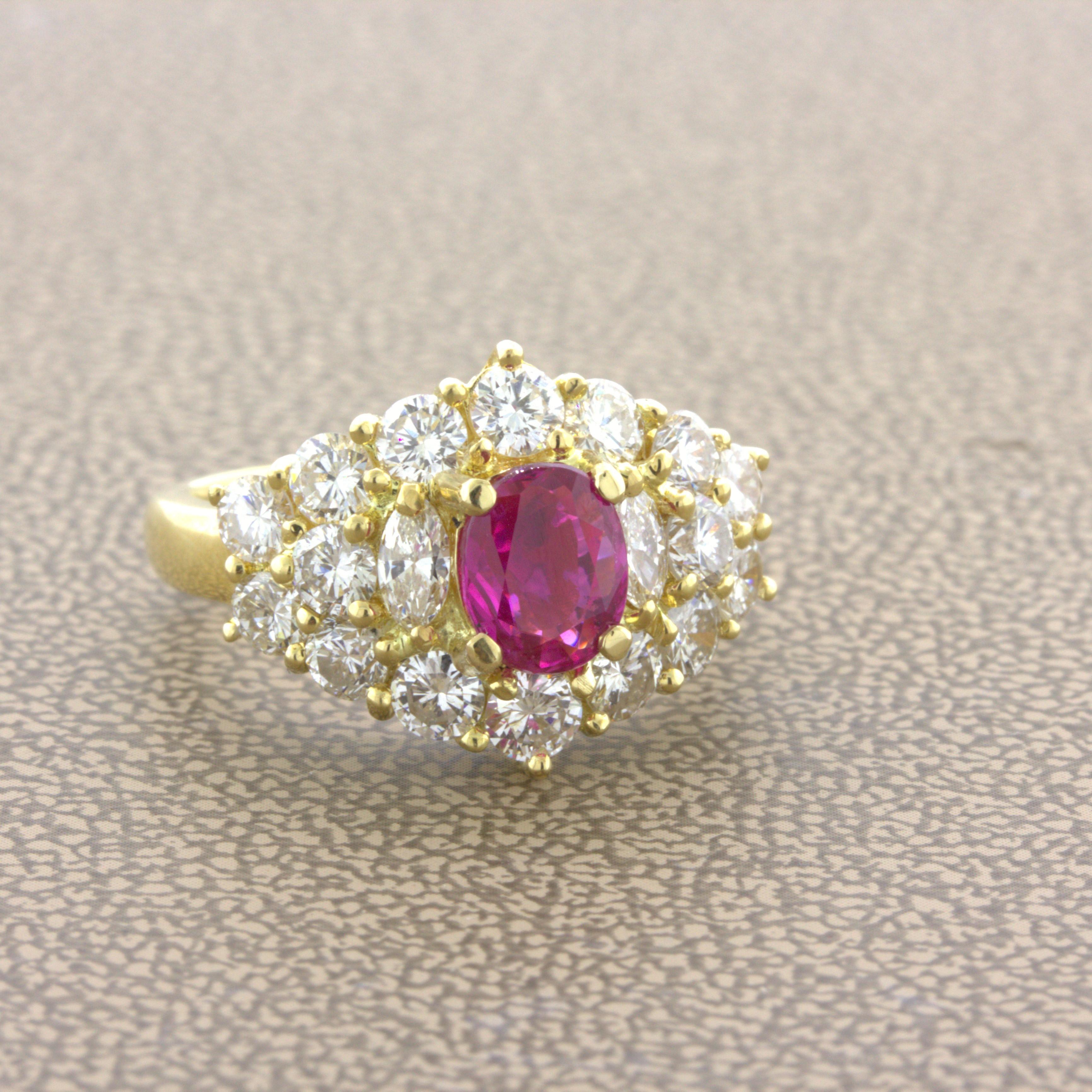 A beautiful and rare gemstone, an unheated Burmese ruby, takes center stage. It weighs 1.09 carats and has the traditional slightly pinkish-red color that Burmese stones are famous for. Additionally, it is certified by the GIA as natural with no