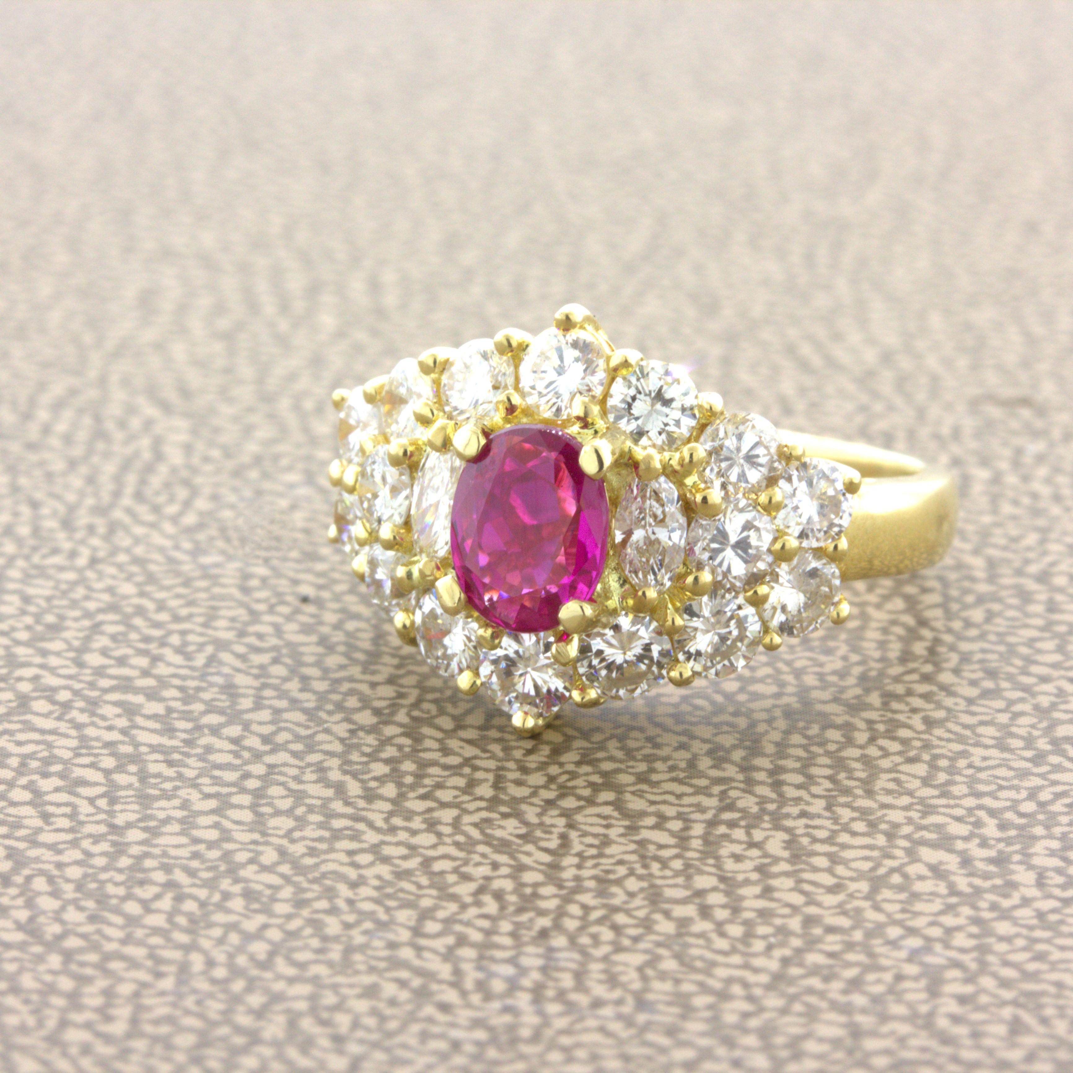 Oval Cut 1.09 Carat Burma No-Heat Ruby Diamond 18K Yellow Gold Ring, GIA Certified For Sale