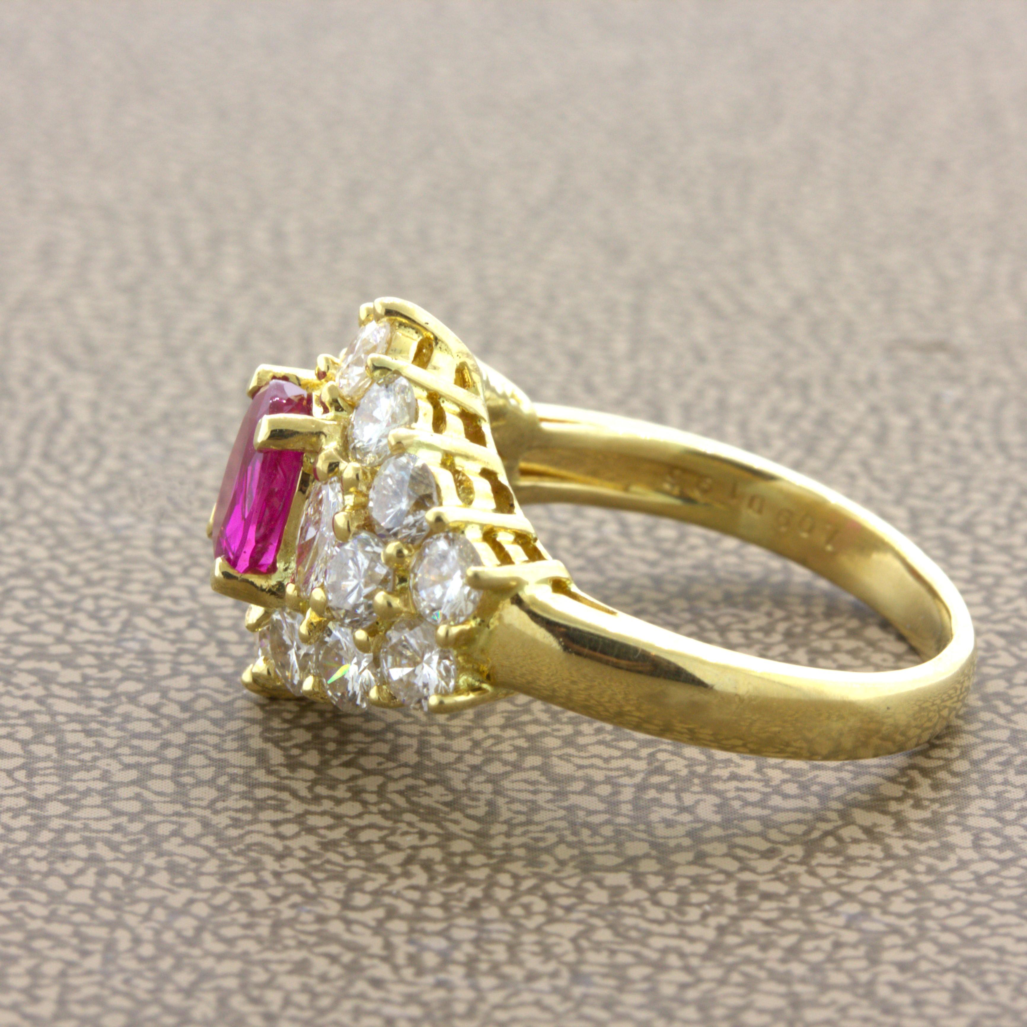 Women's 1.09 Carat Burma No-Heat Ruby Diamond 18K Yellow Gold Ring, GIA Certified For Sale