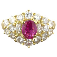 Bague en or jaune 18 carats avec diamants et rubis de Birmanie non chauffé de 1,09 carat, certifié GIA