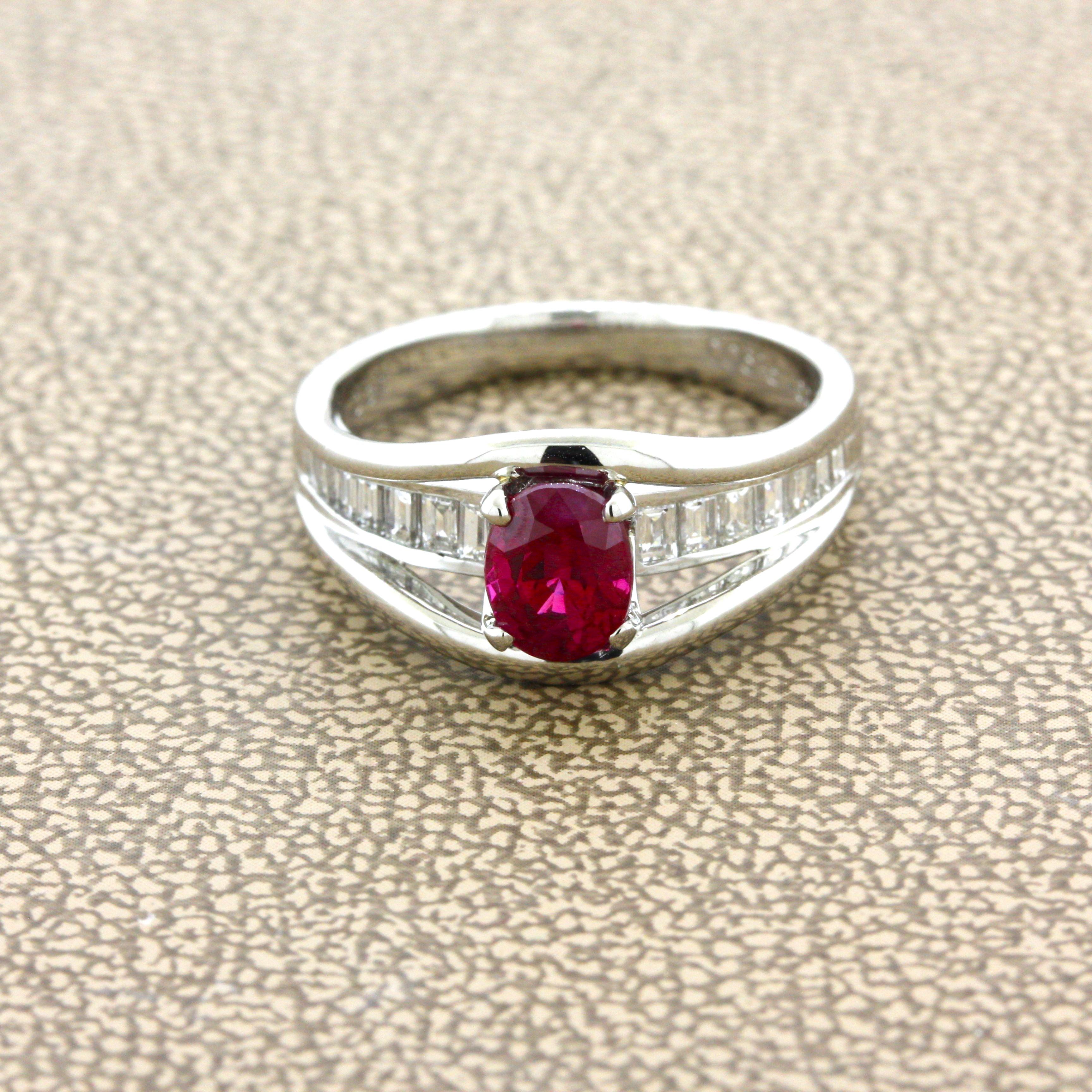 A sweet and luscious 1.09 carat Burmese ruby takes center stage! It has an intense and vibrant red color which is certified by the GIA as natural with a Burmese origin. It is complemented by 0.31 carats of baguette-cut diamonds which are channel-set
