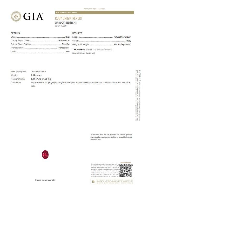 1.09 Carat Burmese Ruby Diamond Platinum Ring, GIA Certified For Sale 3