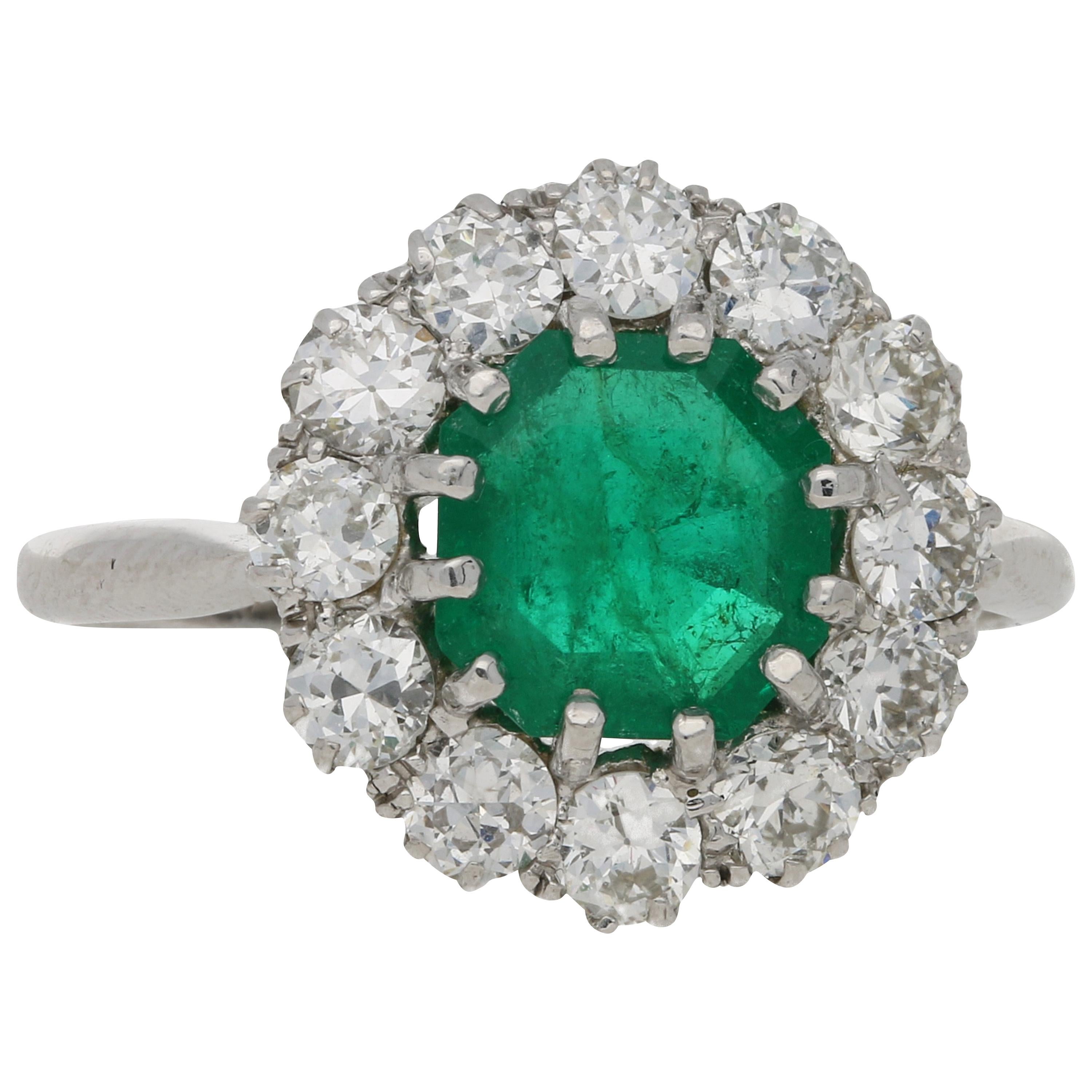 Emerald and Diamond Cluster Engagement Ring Set in Platinum