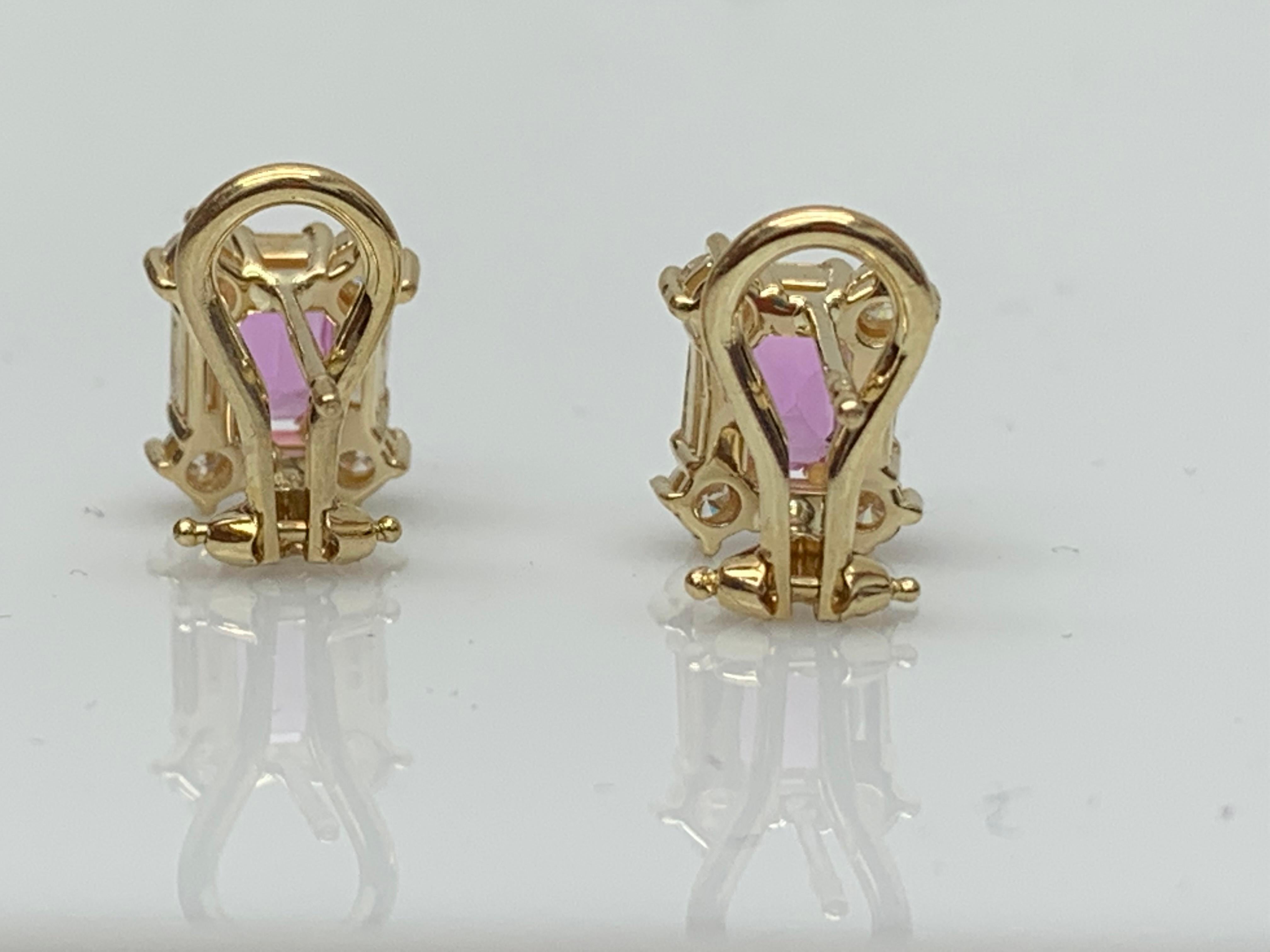 Boucles d'oreilles en or jaune 14K de 1,09 carat de saphirs roses taillés en émeraude et de diamants en vente 5