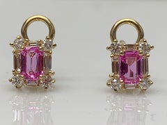 1.09 Carat Emerald Cut Pink Sapphire Diamond Earrings in 14K Yellow Gold