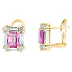 1.09 Carat Emerald Cut Pink Sapphire Diamond Earrings in 14K Yellow Gold