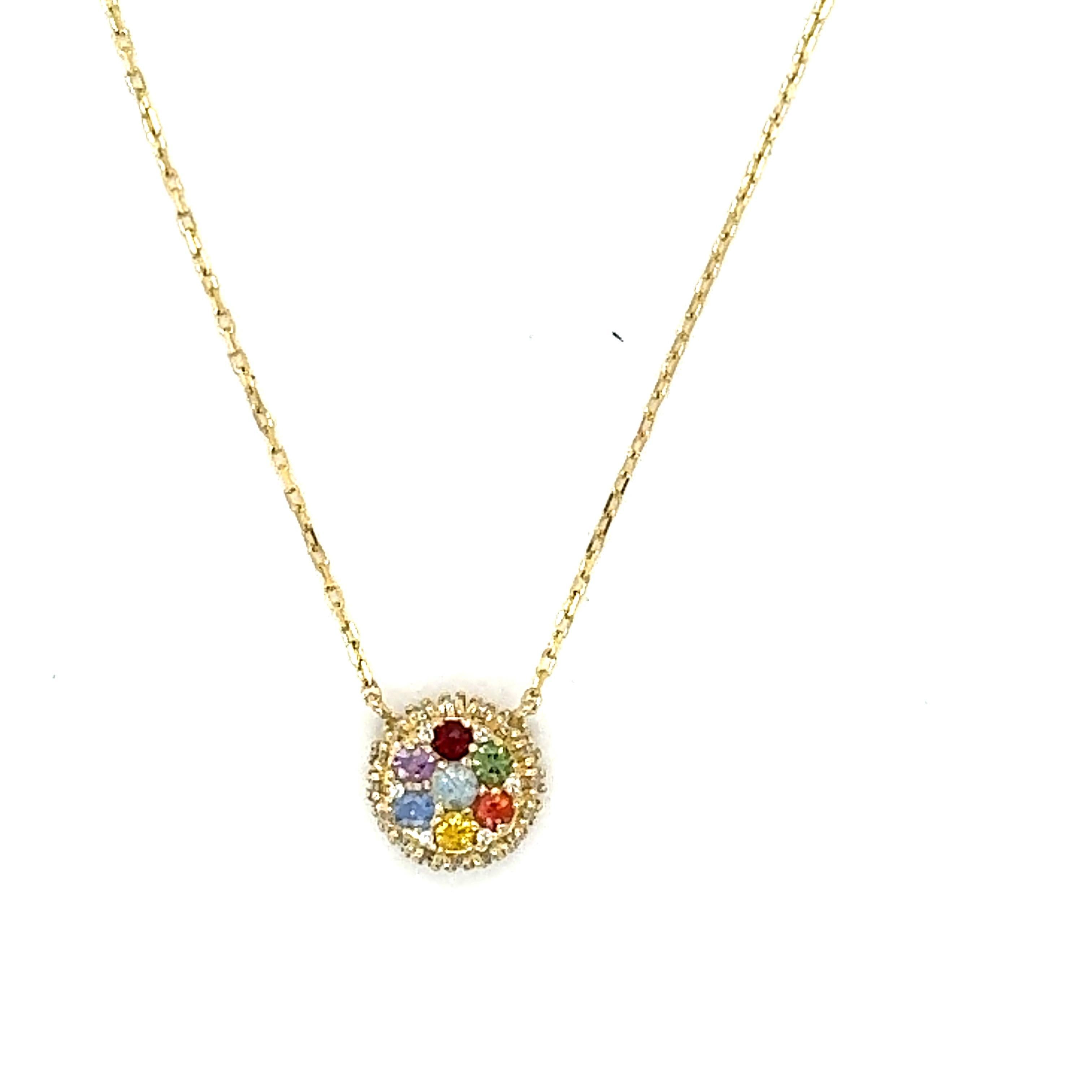 Round Cut 1.09 Carat Multicolor Sapphire and Diamond Yellow Gold Chain Pendant For Sale